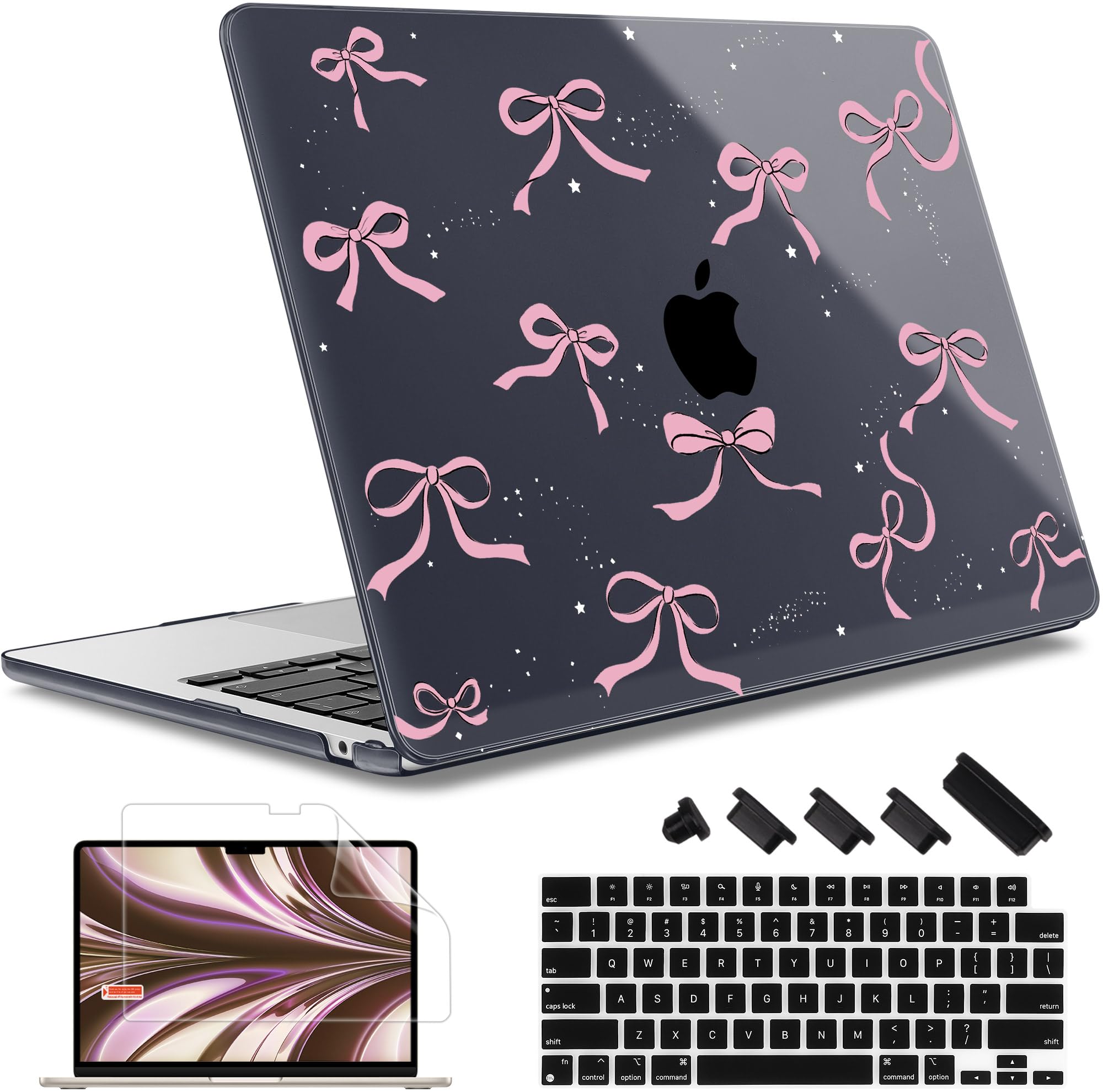May Chen for M4 MacBook Air 15 inch Case A3241 A3114 M3 A2941 M2 2025 2024 2023 Release, Plastic Hard Shell for MacBook Air 15.3" with Retina Dispaly Fits Touch ID, Crystal Black Bow