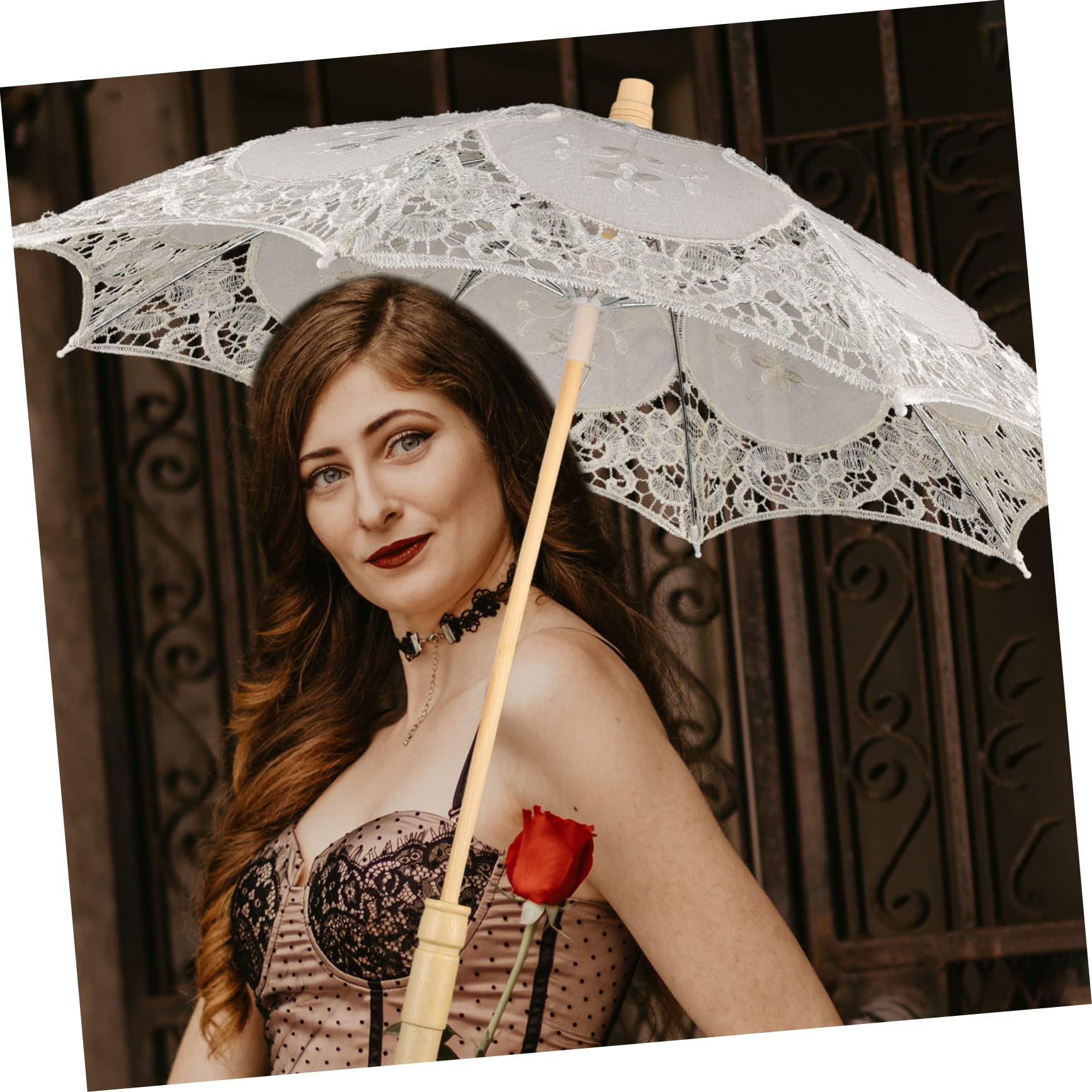 minkissy Hochzeits Lace Regenschirm für Fotografie und Dekoration Handgefertigter Parasol mit Zarter Spitze für Hochzeiten Kostümpartys und Bühnenaufführungen Beige Groß