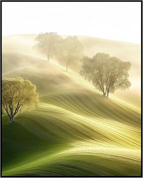 Posterizer - green hills and trees in a foggy sunrise - Landscape & Nature Art - Gift for Men Women Teens - Living Room Bedroom Decor-16x20 unframed wall art