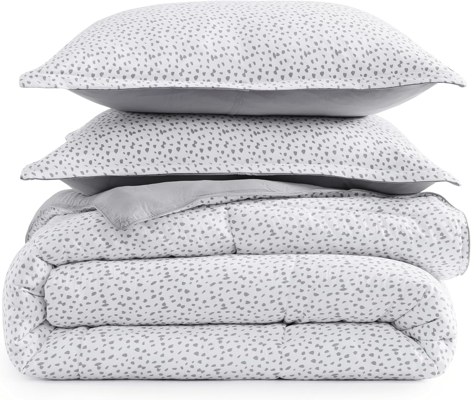 Casa Platino Pre-Washed Comforter Set - King Size Duvet Insert, Hydro-Brushed Microfiber Comforter & 2 Pillow Shams - White Base Grey Dot
