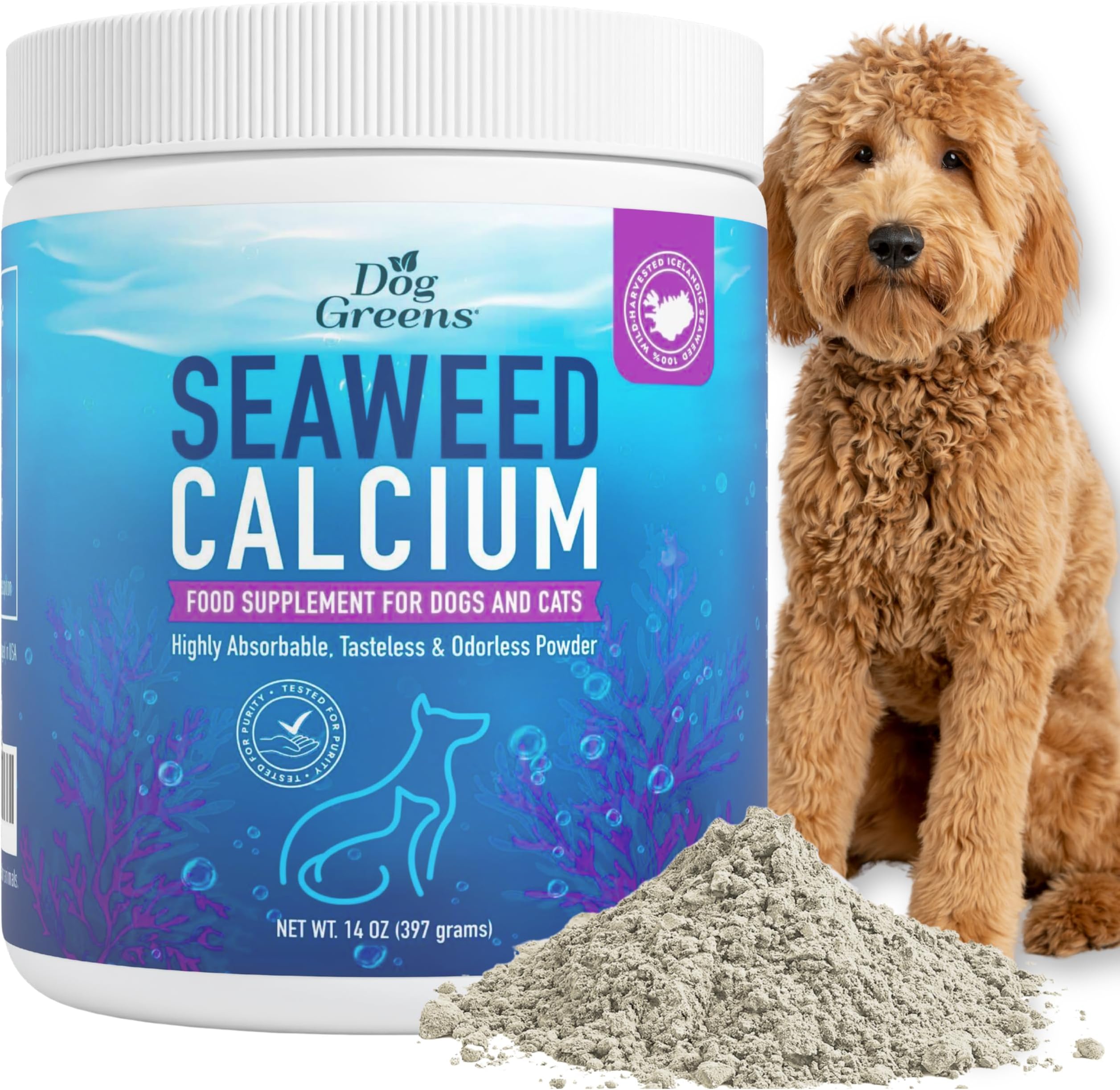 Seaweed Calcium Powder for Dogs and Cats - Vet Recommended Calcium Supplement for Dogs with 72 Trace Minerals, Wild Icelandic Marine Algae for Strong Bones, Teeth, Joints and Muscles, 14oz