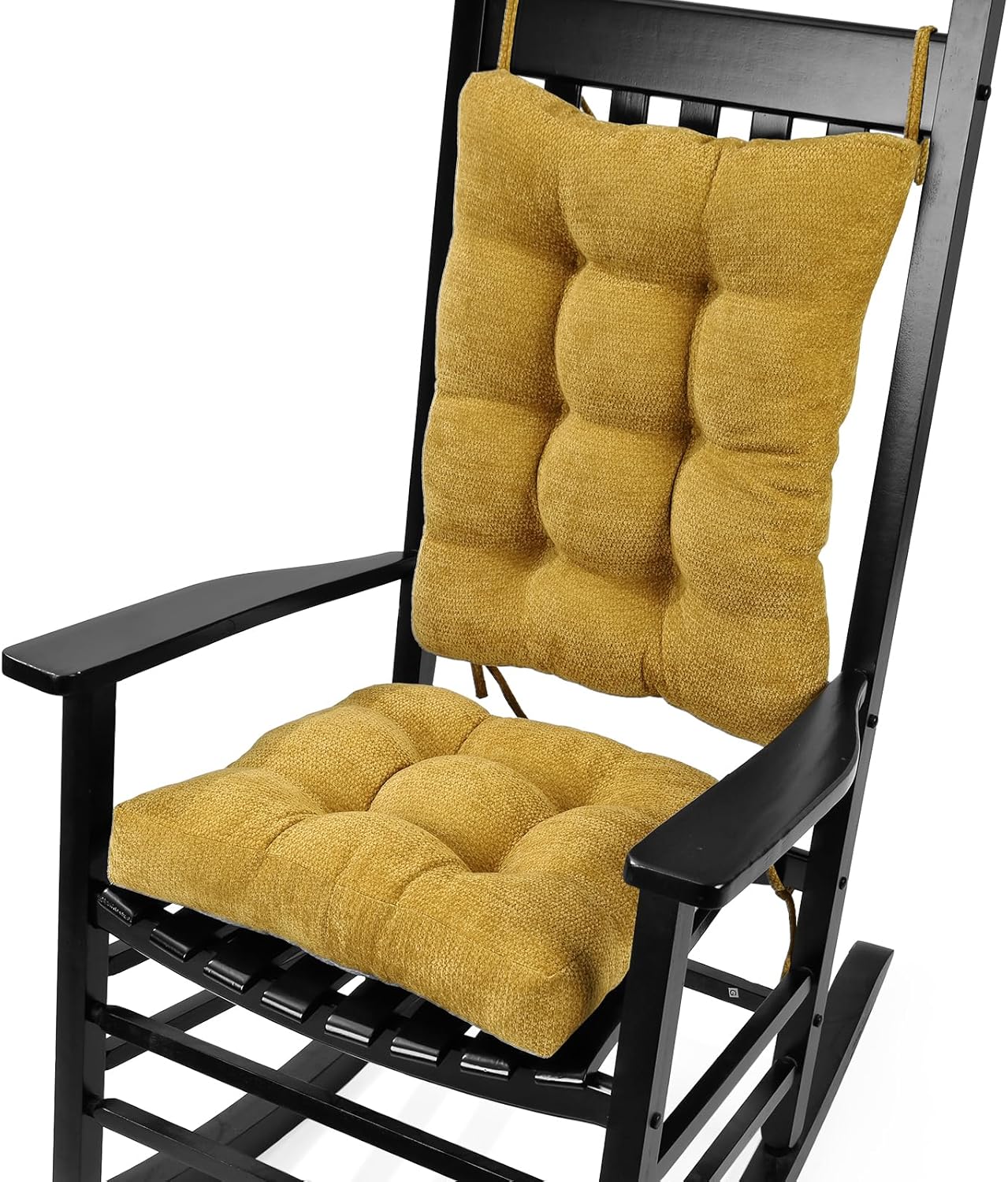 Rocking Chair Cushion for Elderly Sitting, Back Pillow & Seat Cushion with Ties, Luxury Chenille Fabric Non-Slip Chair Pad for Rocker, Yellow, 21.6x17x2/ 17x17x3