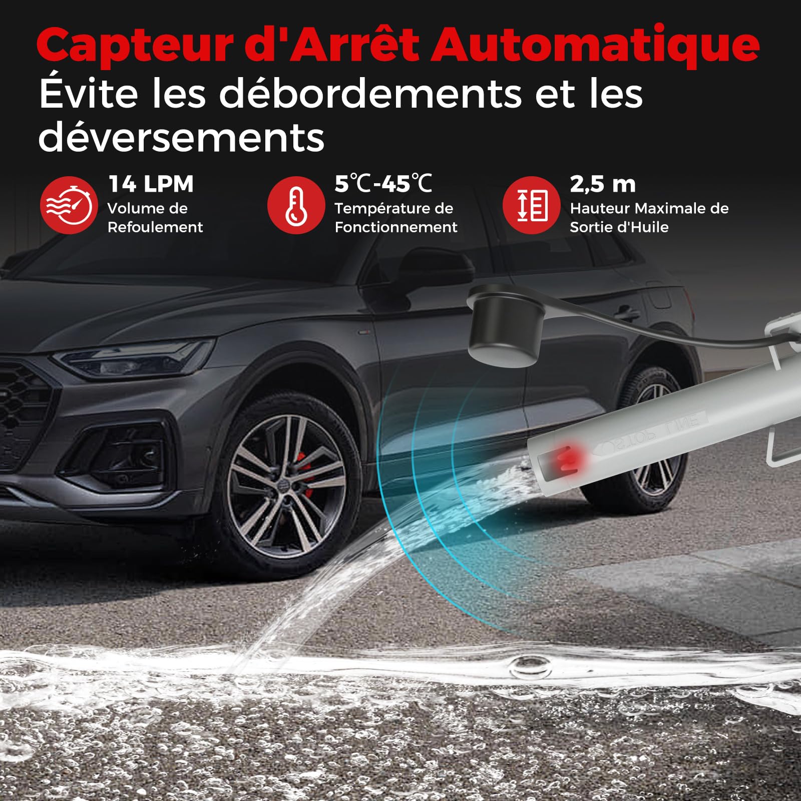 COSTWAY Pompe de Transfert de Carburant avec Débit de 14 LPM Capteur Auto-Stop, Pompe à Essence Alimentée par USB/Batterie avec Tuyau de 130 cm et 3 Adaptateurs, pour Essence Diesel Huile Moteur