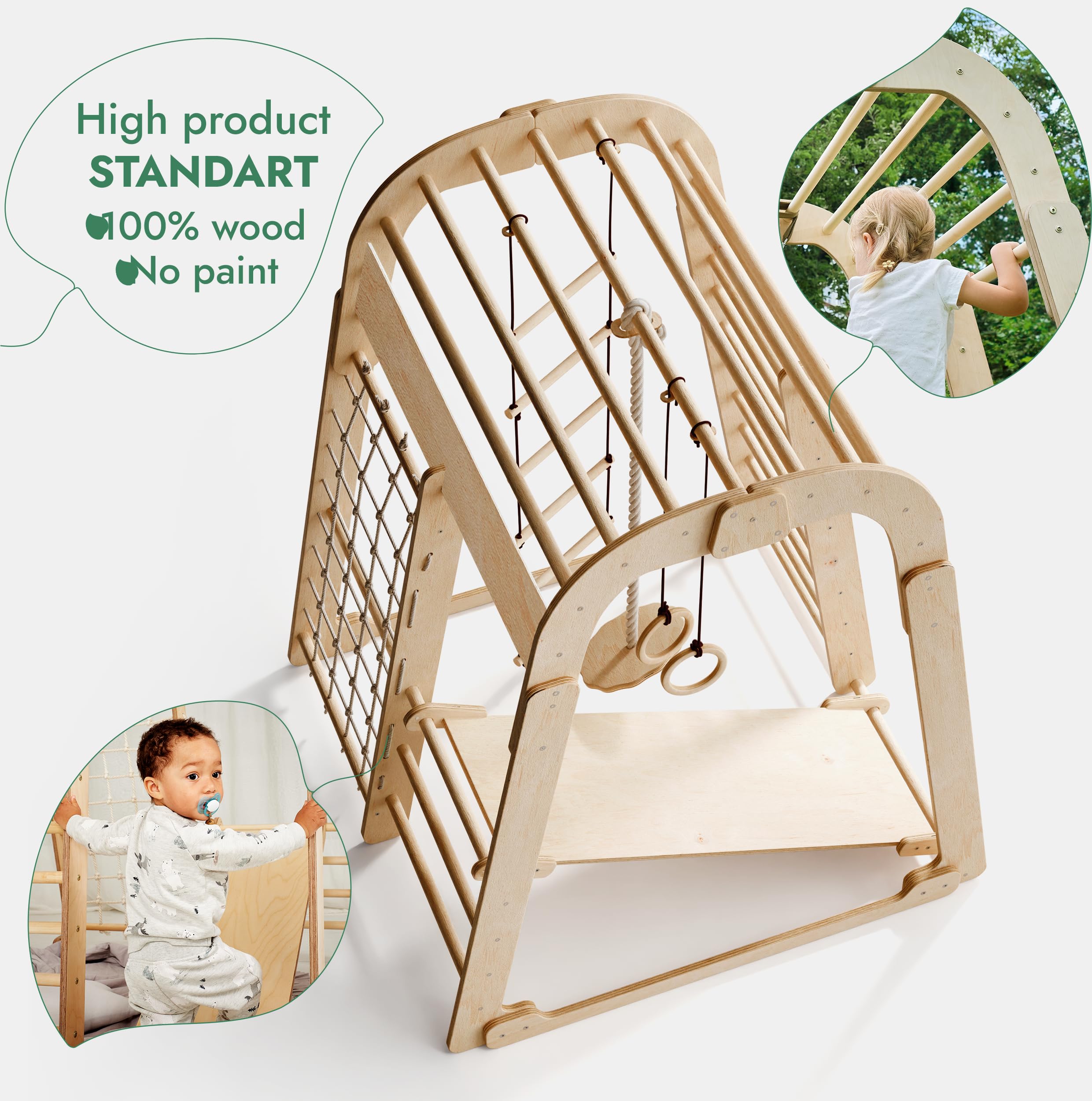 Goodevas Montessori drewniany plac zabaw do wspinaczki z drewna dla dzieci do użytku wewnątrz i na zewnątrz, drewniany plac zabaw ze zjeżdżalnią, huśtawką, ścianką wspinaczkową, linką do wspinaczki i