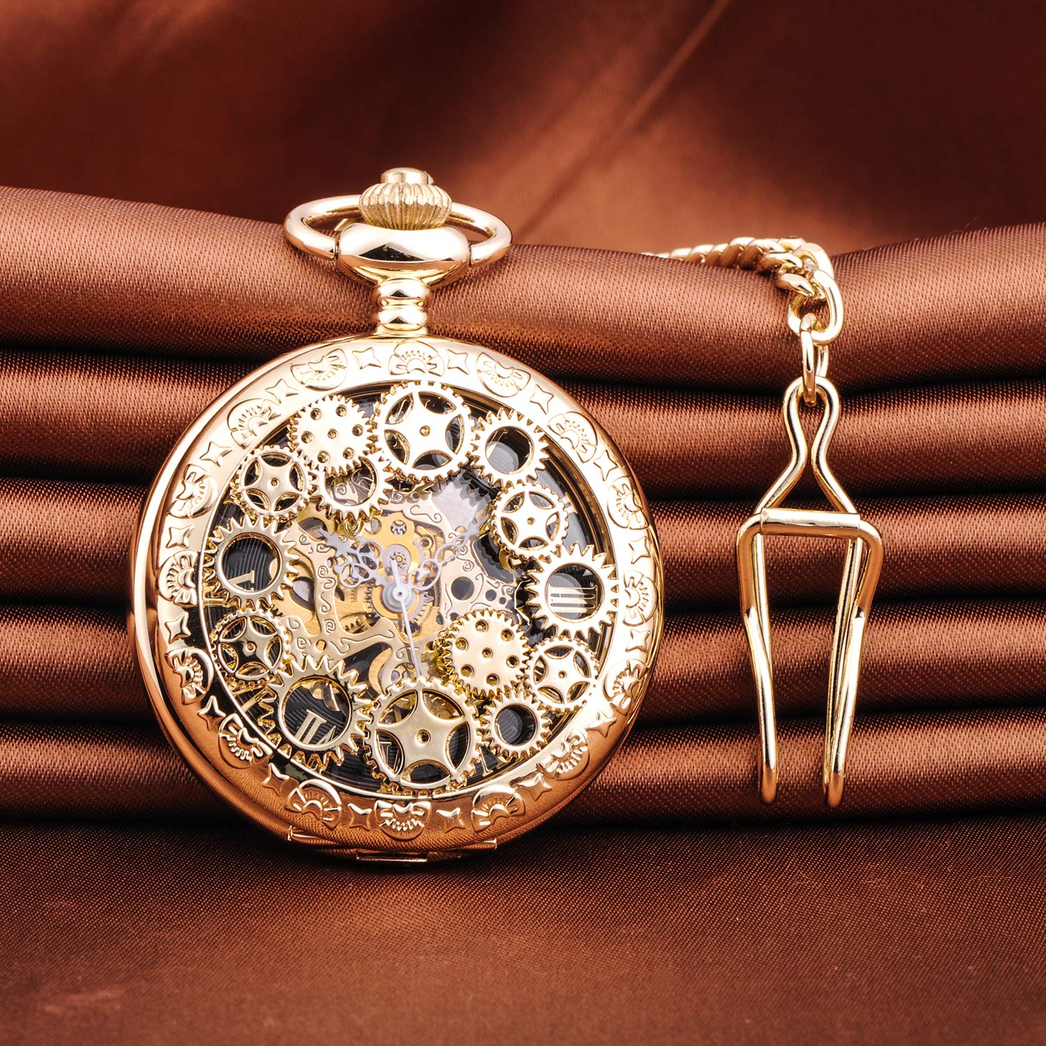 Unendlich U Męski zegarek kieszonkowy z cyframi rzymskimi z łańcuszkiem, analogowy, ręcznie nawijany, uniseks, retro, steampunk
