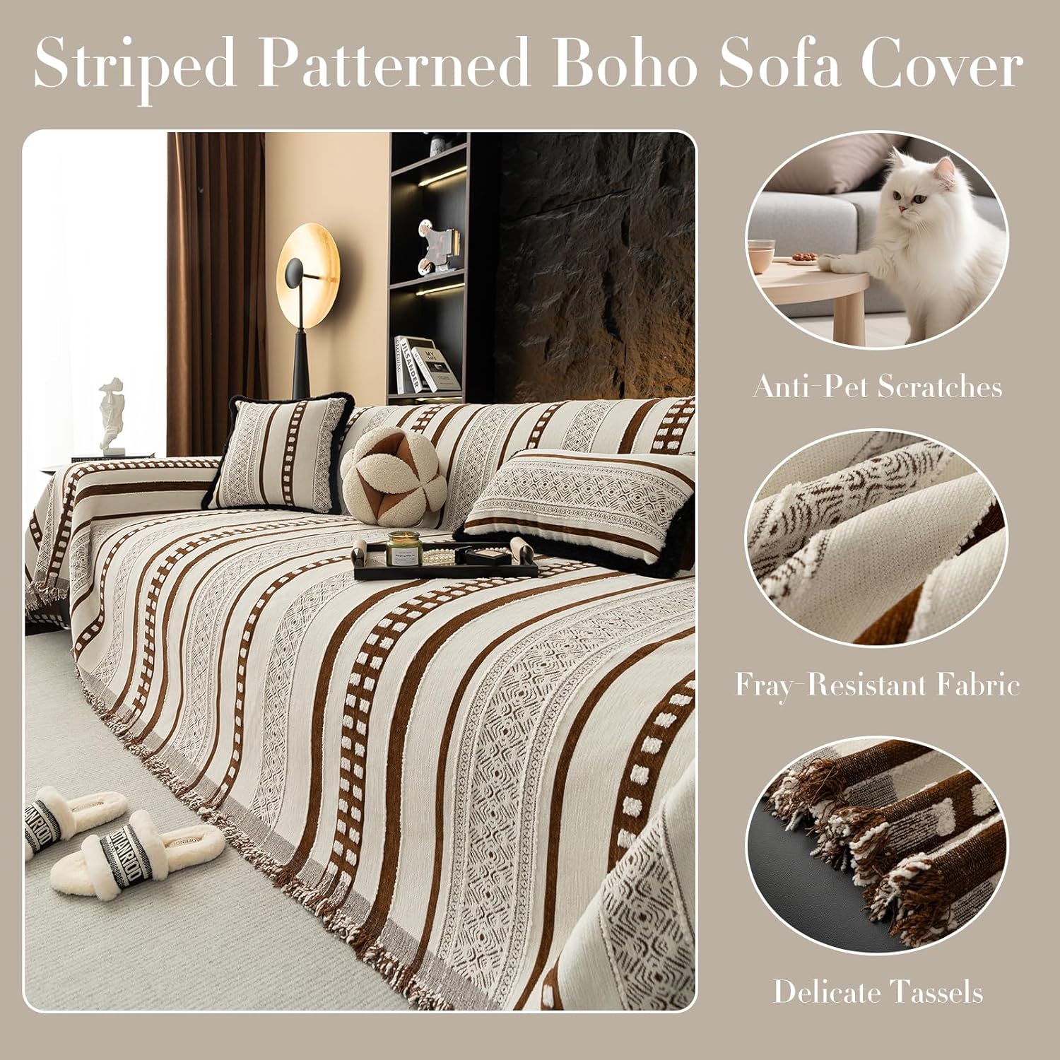 Striped Couch Cover Blankets, Boho Couch Covers, Sofa Blanket Cover for Dogs, Medium Couch Covers for Recliner and Chair, Chenille Sofa Covers Washable Sectional(1pc/Brown/59×71")