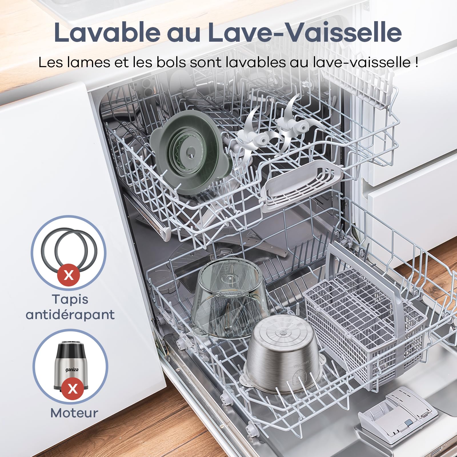 Ganiza Hachoir de Cuisine Électrique 500W, Robot Hachoir avec 2 Bols 1,8L + 1,8L, 2 Doubles Lames, 2 Vitesses, Mini Hachoir Électrique pour Viande, Légumes, Noix