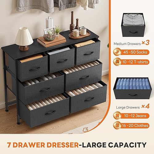 Vista 5 de Sweetcrispy Cómoda de 7 cajones con cubos de tela, torre organizadora de almacenamiento de tela para dormitorio, armario, pasillo, entrada, cómoda