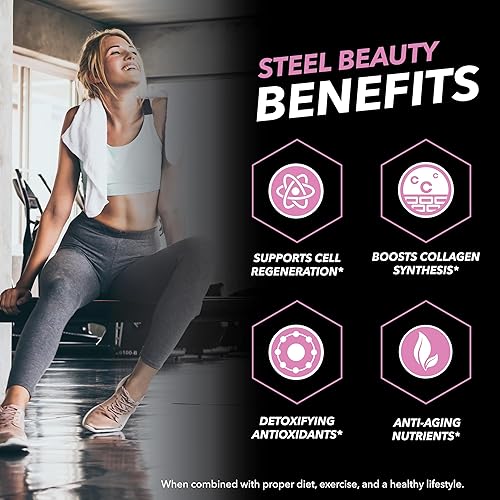 Miniatura 7 de SteelFit Steel Beauty - 90 cápsulas - Apoyo de vitaminas para el cabello, la piel y las uñas, ayuda a mejorar la hidratación y la fuerza de las
