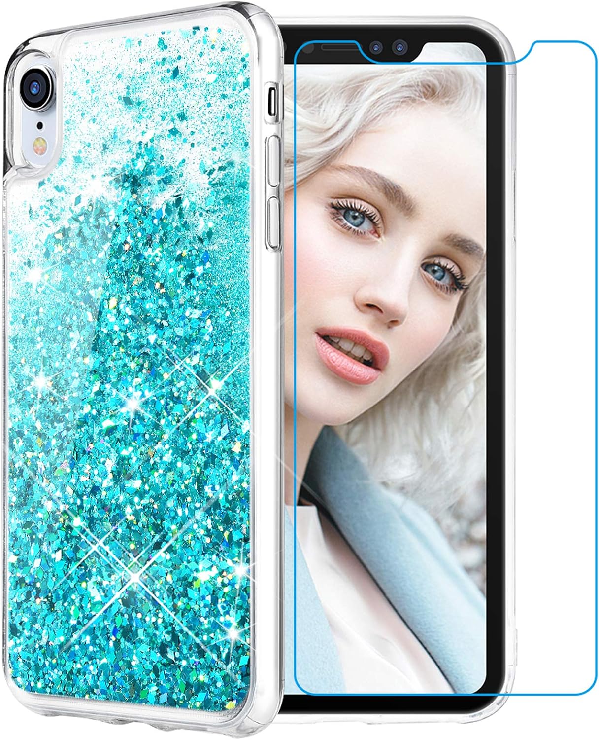 Maxdara Case for iPhone XR Glitter Case Tempered Glass Screen Protector Floating Liquid Bling Sparkle Luxury Pretty Fashion Girls Women Case XR 6.1 inches (Teal)