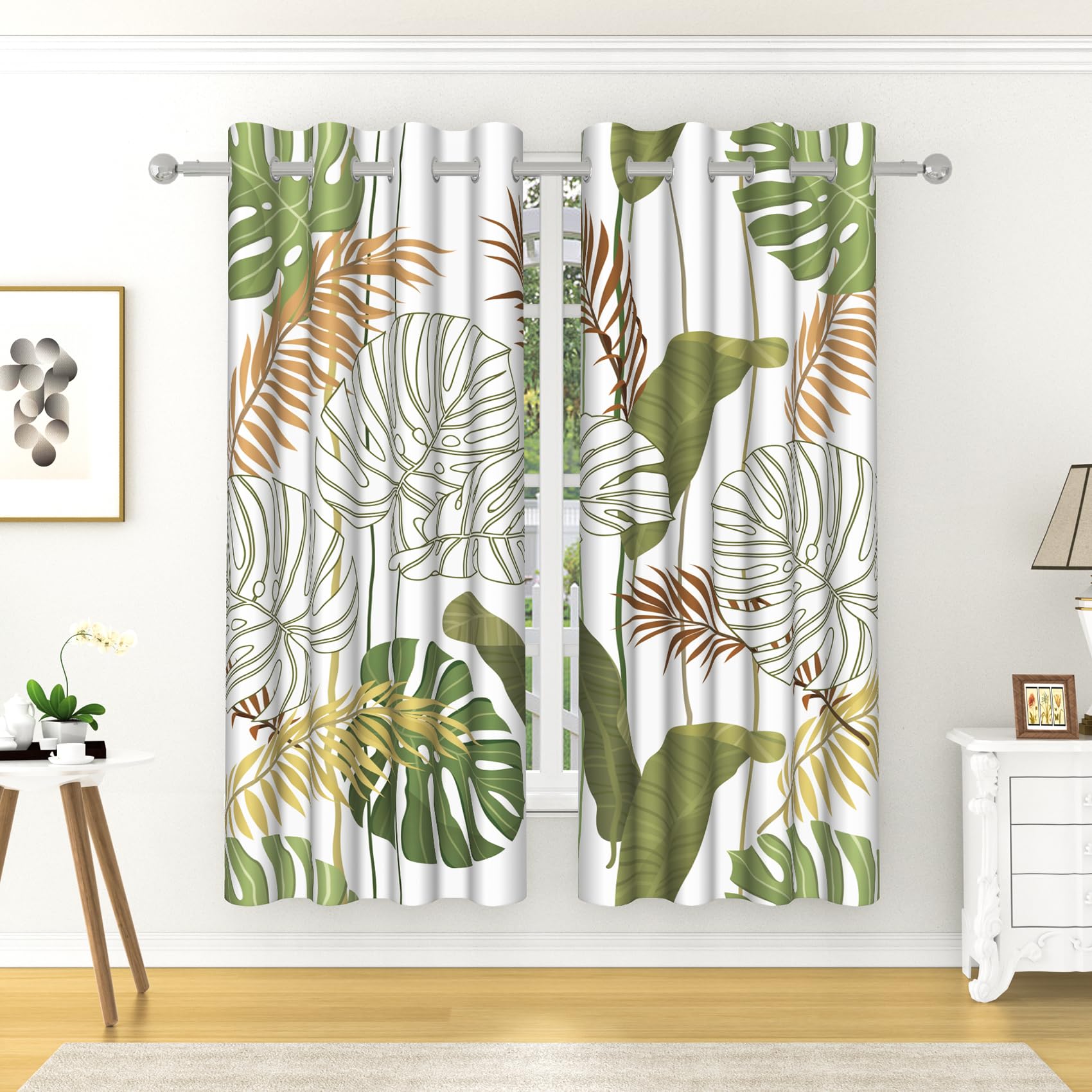Sillsloso Tropical Palm Leaves Window Curtains Boho Mid Century Abstract Palm Leaf Botanical Blackout Curtains Thermal Insulated Window Drapes for