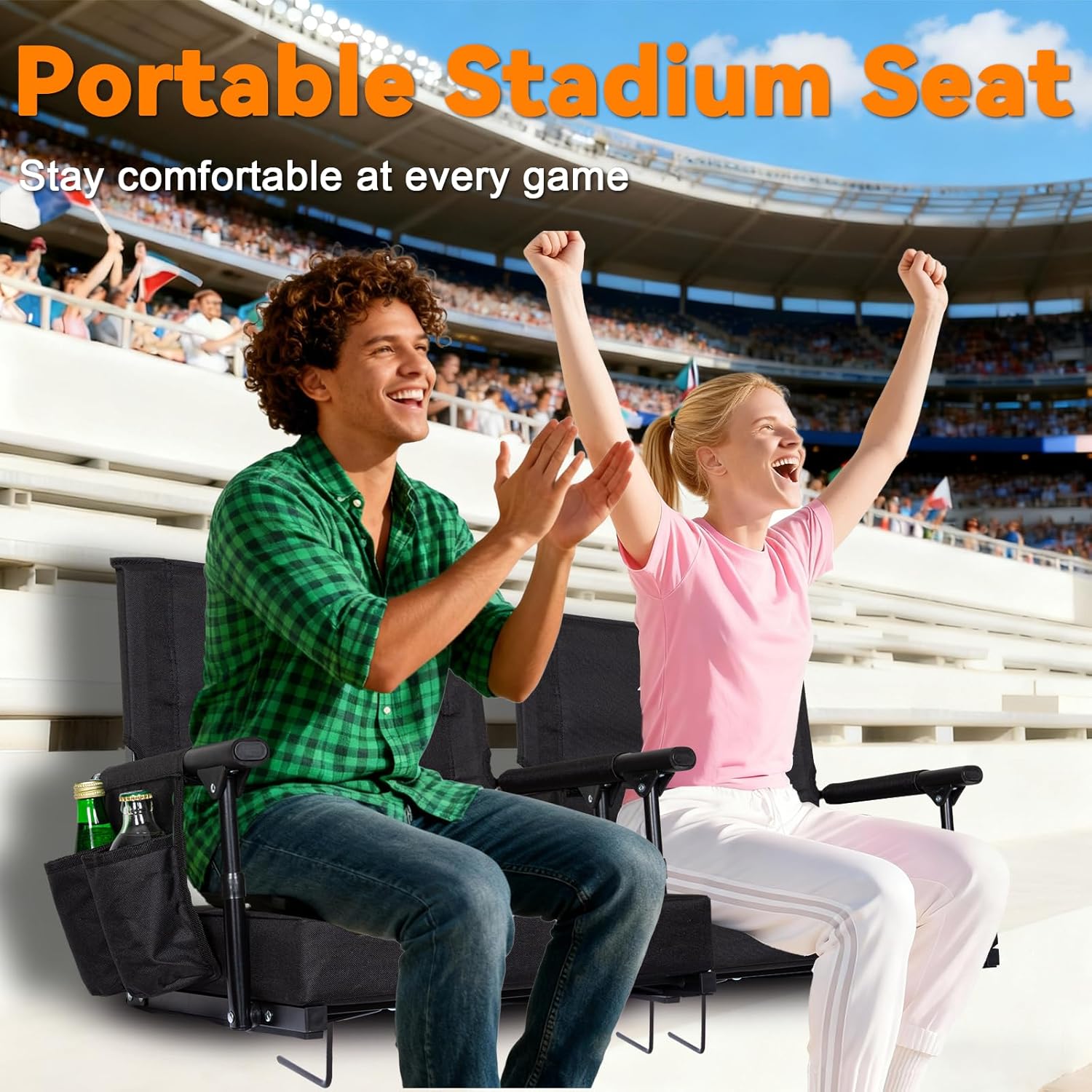 Romswi 2-Pack 2.8" Thick Stadium Seats with Back Support & Armrests, Lightweight Bleacher Chairs with 2 Cup Holders, Portable for Football Games & Events, Support Up to 400lbs, Black
