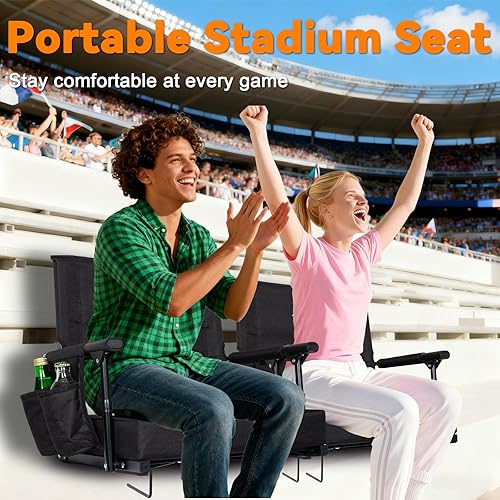 Miniatura 6 de Romswi Paquete de 2 asientos de estadio con respaldo y reposabrazos, sillas ligeras con 2 portavasos y portátiles para juegos de fútbol y eventos,