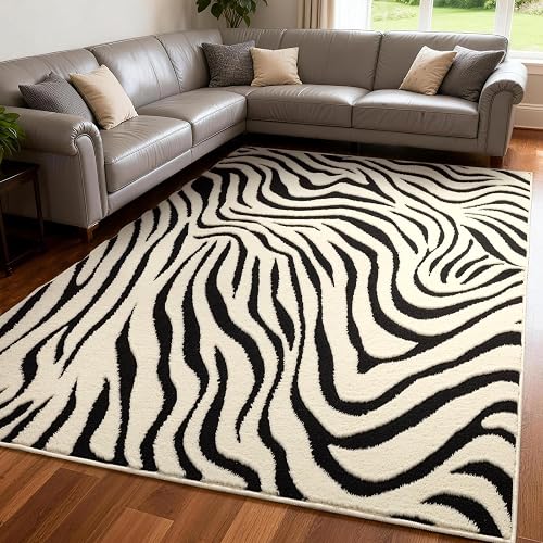 YIHOUSE 5×7 Ft Area Rugs for Living Room: Modern Washable Rug - Abstract Black and Cream White Rug for Bedroom Dining Room Office Playroom Nursery Home Decor - Nonslip Non-Shedding Striped Rugs