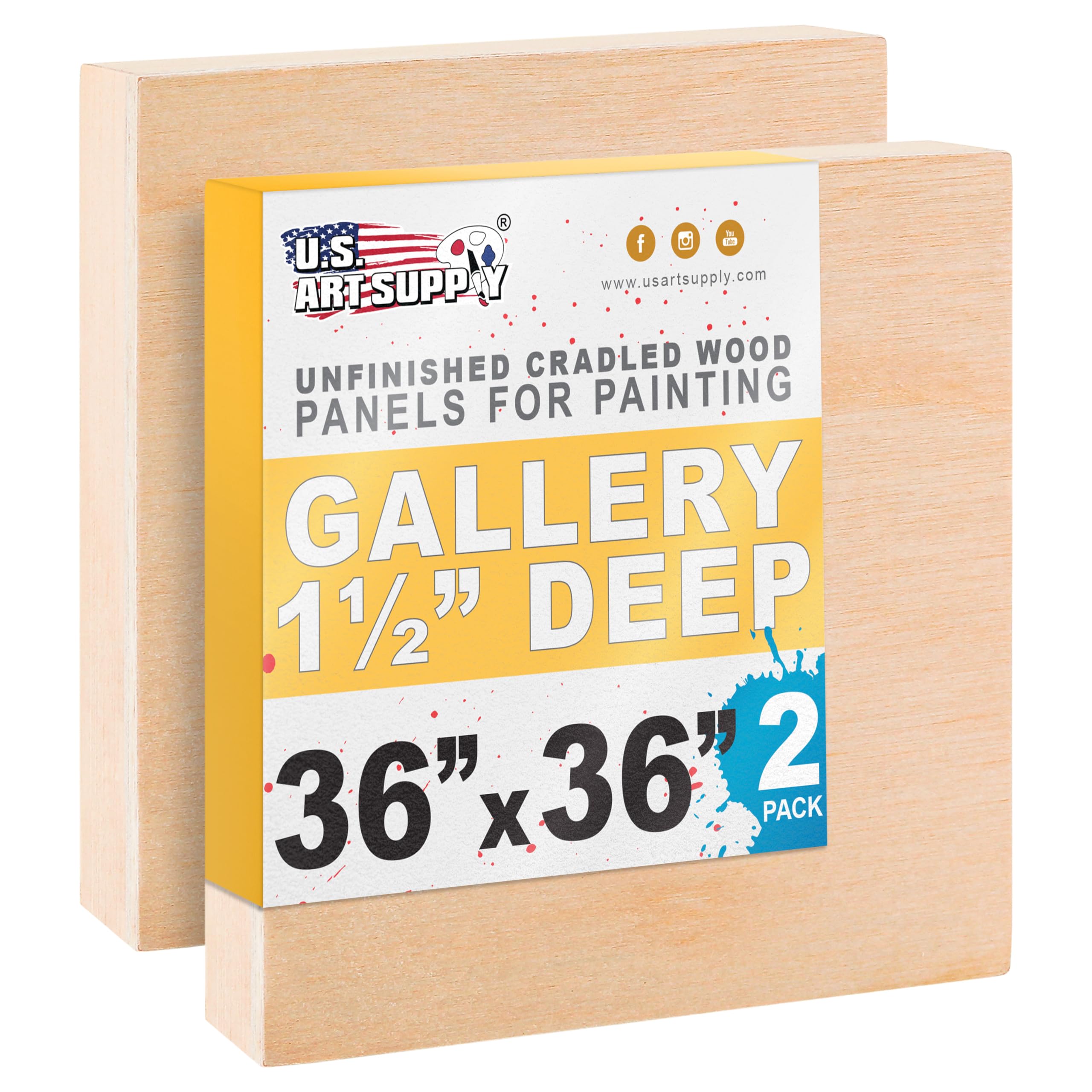 36" x 36" Unfinished Cradled Wood Panels for Painting, Gallery 1-1/2" Deep (2 Pack) - Artist Depth Wooden Wall Canvases - Mixed-Media Craft, Acrylic, Oil, Encaustic, Paint Pouring