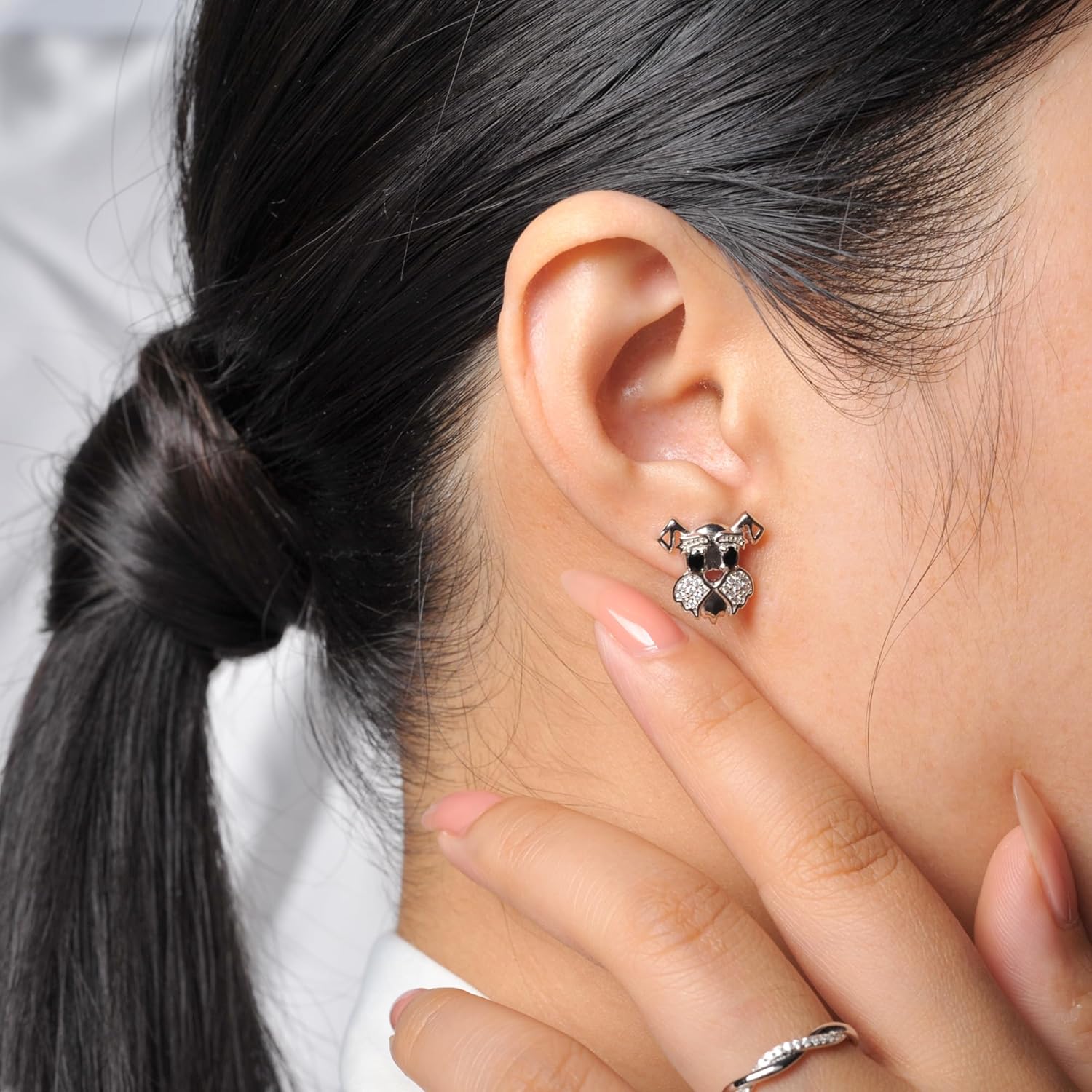 Pave Cute Love Schnauzer Dog Stud Earrings For Women with Natural Black Spinel in 925 Sterling Silver, Dainty Gemstone 14k White Gold Plated Earrings For Her, Trendy Jewelry Set For Lover