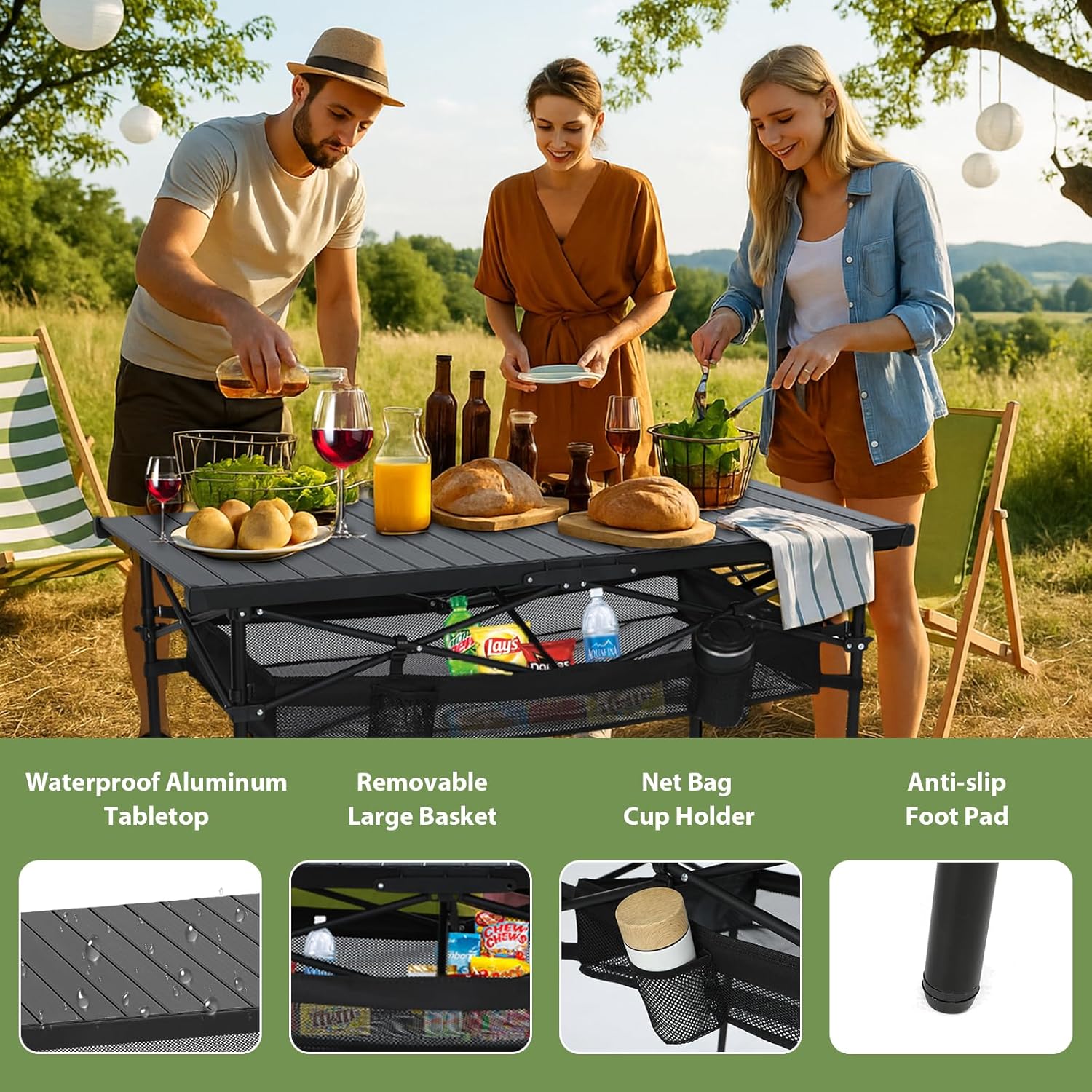 Nice C Portable Folding Camping Table, Aluminum Lightweight Roll-up Top Indoor&Outdoor Collapsible Table, with Mesh Net, Cup Holder, Carry Bag, Steel Frame, for Camping, Sports, BBQ, Picnic (Black)