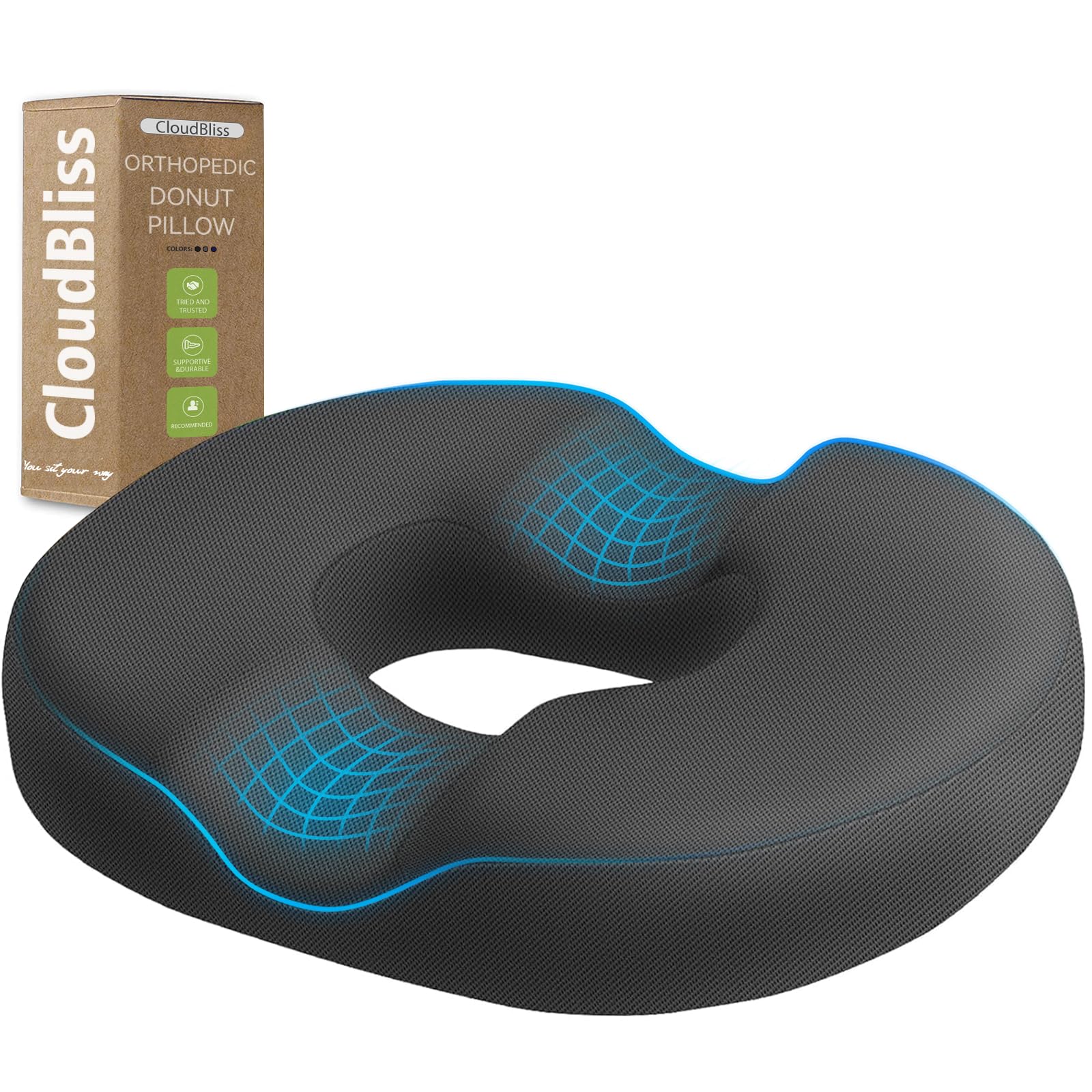 CloudBliss Donut Pillow Seat Cushion for Tailbone Pain Relief and Hemorrhoids, Memory Foam Chair Cushion for Postpartum Pregnancy, Seat Cushions for Men and Women for Home & Office, (Grey)