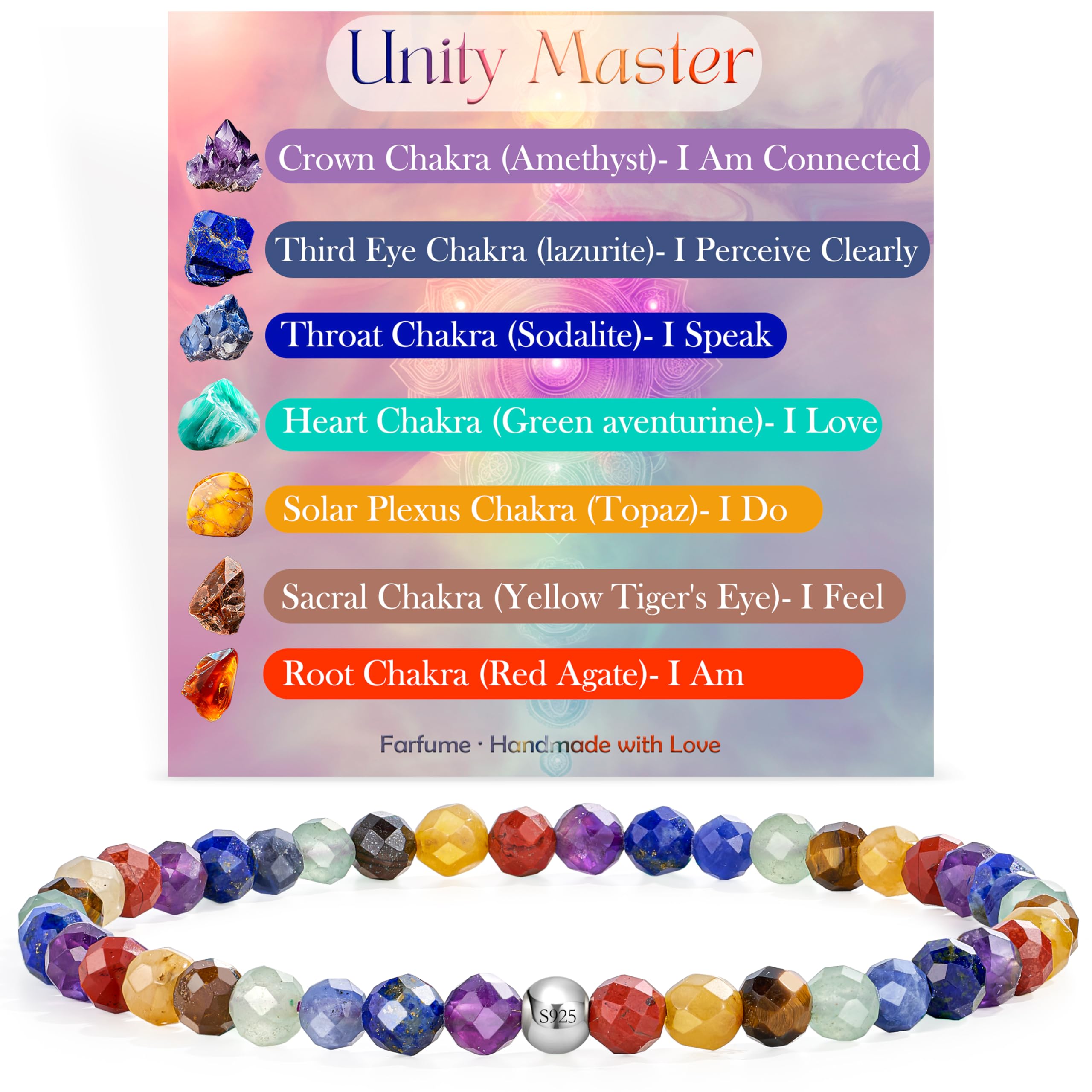 Farfume 4mm Edelstein Perlen Armband für Frauen, Kristall Silber 925 Naturstein Schmuck Elastisch Armbänder Damen, Chakra Spirituelle Charms Armbänder Valentinstag-Geschenke