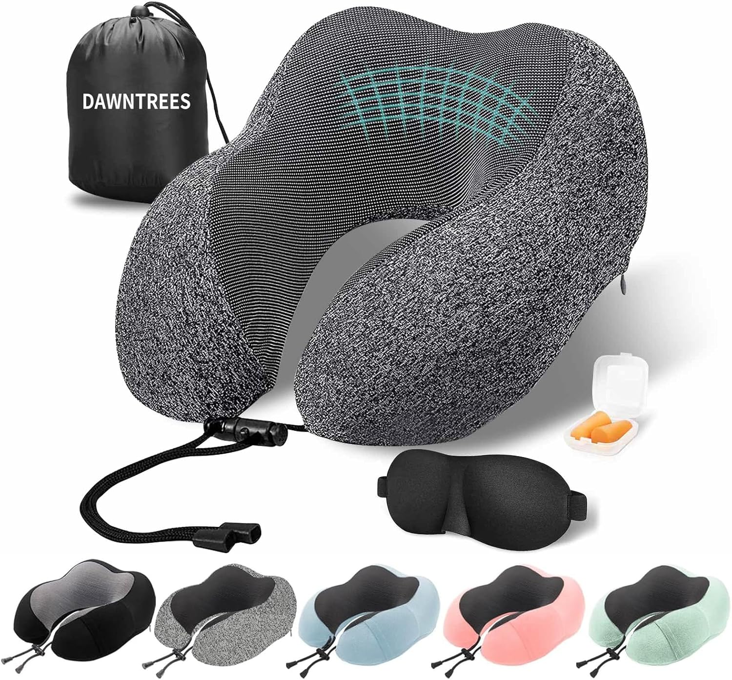 DAWNTREES Travel Pillow,Neck Support,Pure Memory Foam Neck Pillows for Travel Airplane, Business Trip with Luxury Bag,Travel Kit with 3D Contoured Eye Masks, Earplugs.……