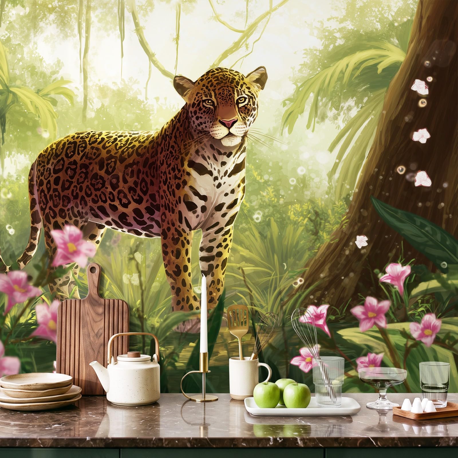 Generisch Tapete Vintage Tier - Leopard Blumen Muster- Vliestapete Wand Deko Mustertapete Modern Wandtapete Wanddeko - Motivtapeten - 350 x 256 cm