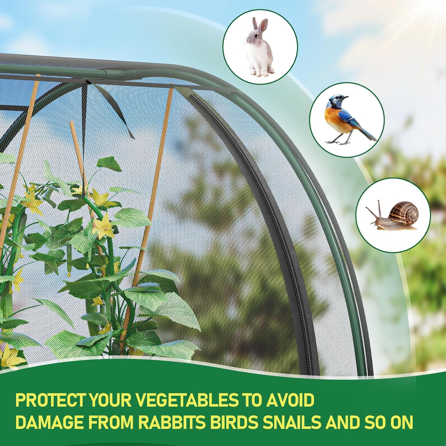 SPECILITE 98x49x49in Garden Plant Netting Mesh Cover for Raised Bed with Roll-up Zipper Door for Vegetables Fruits, Large Tunnel Gardening Net, Black