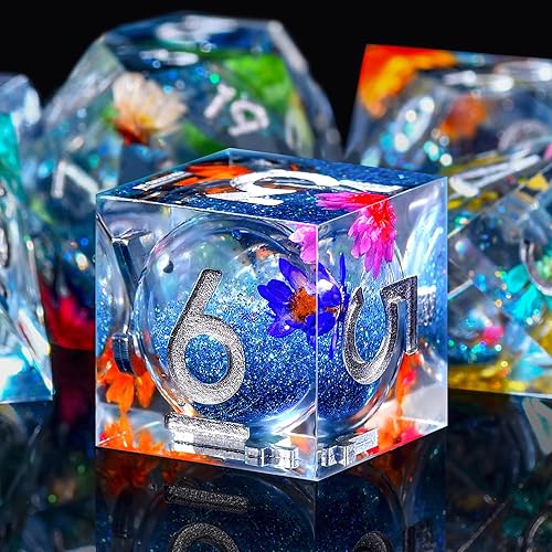 Miniatura 105 de AUSTOR Juego de dados DND de resina de núcleo líquido, de borde afilado, 7 troqueles, juego de dados DND de arena movediza hechos a mano