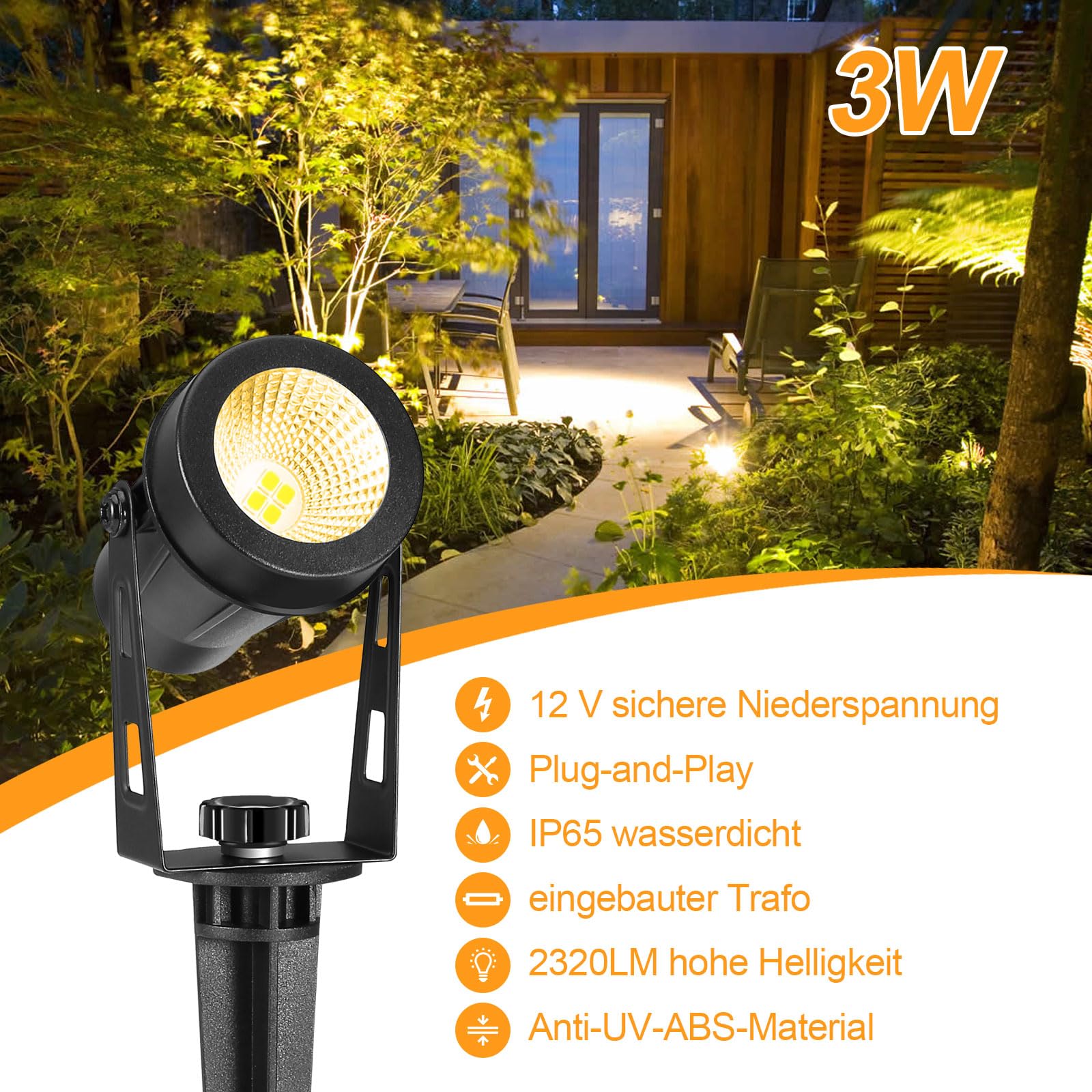 ECOWHO Foco LED de jardín de 12 V 3 W, con estaca y enchufe, IP65, resistente al agua, iluminación de jardín, con cable para exterior, jardín, césped (blanco cálido, 8 unidades)
