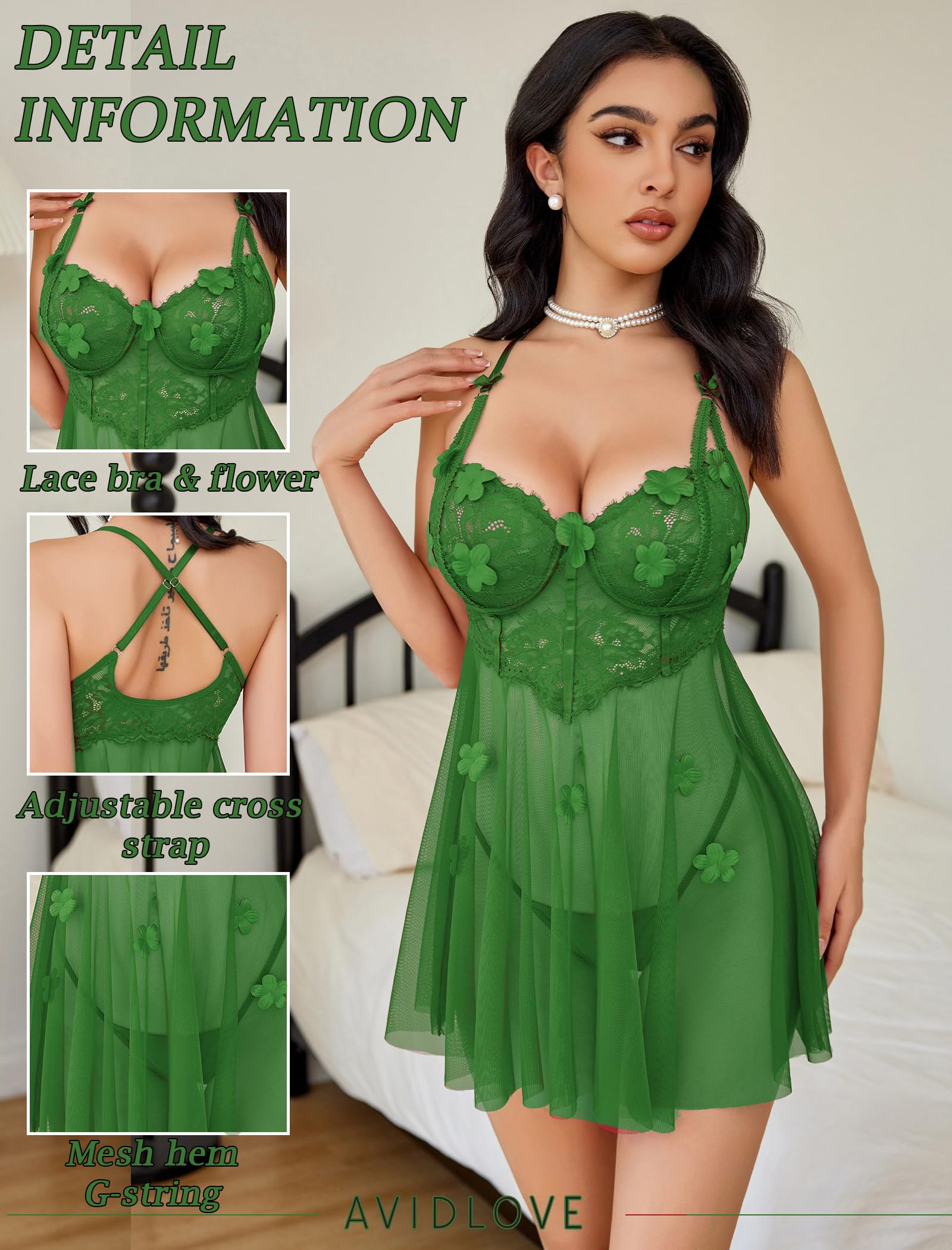 Avidlove Lace Lingerie for Woman Mesh Babydoll Lingeries Sexy Baby Doll Sleepwear Lace Chemise Boudoir Outfits S-XXL: Green Small