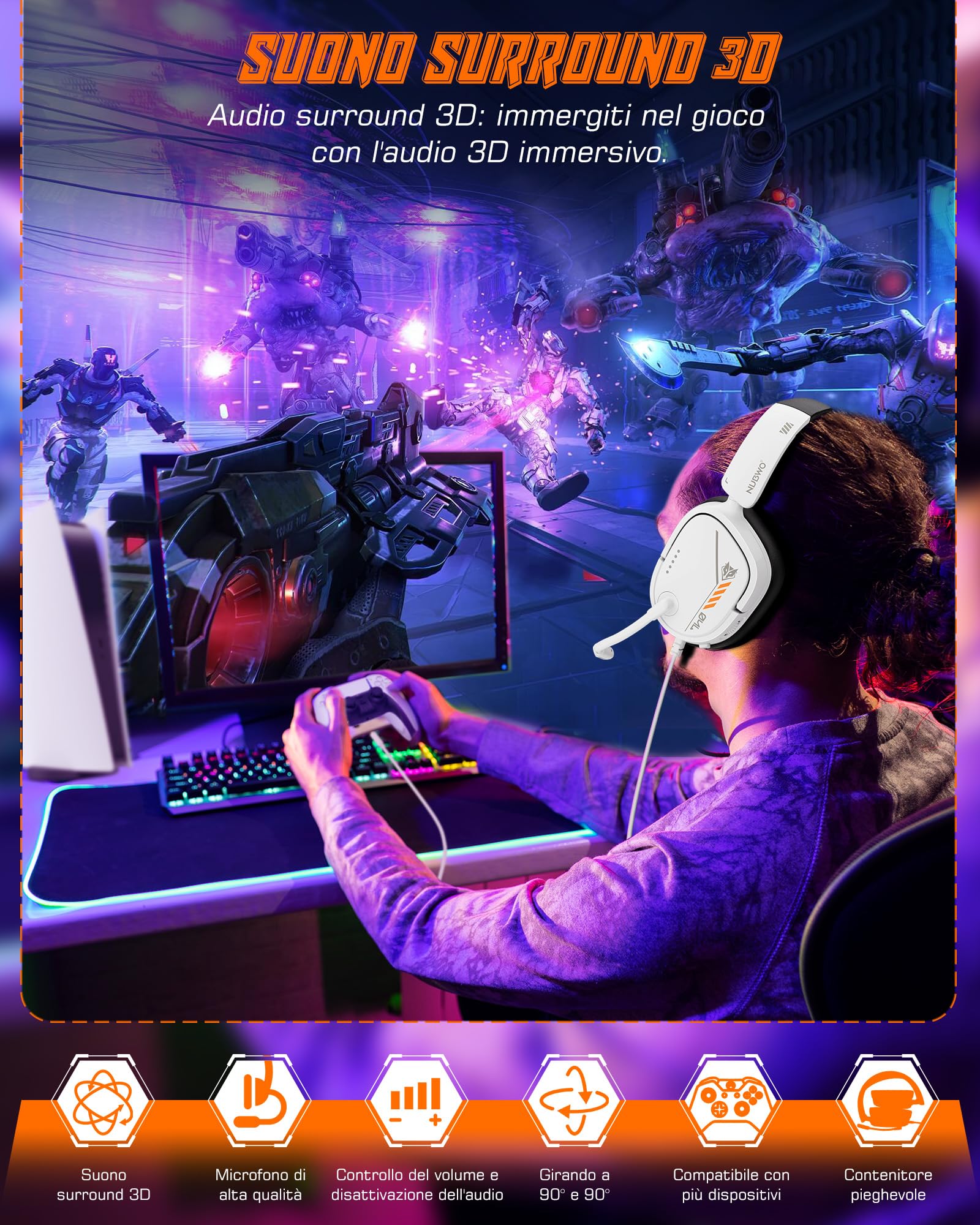 NUBWO HG04L Cuffie Gaming per PS5/PS4, Xbox Series X|S/Xbox One, Switch - Leggere 250g, Microfono Unidirezionale Clear, Paraorecchie in Memory Foam Morbido, Jack da 3,5mm per Gaming e Lavoro