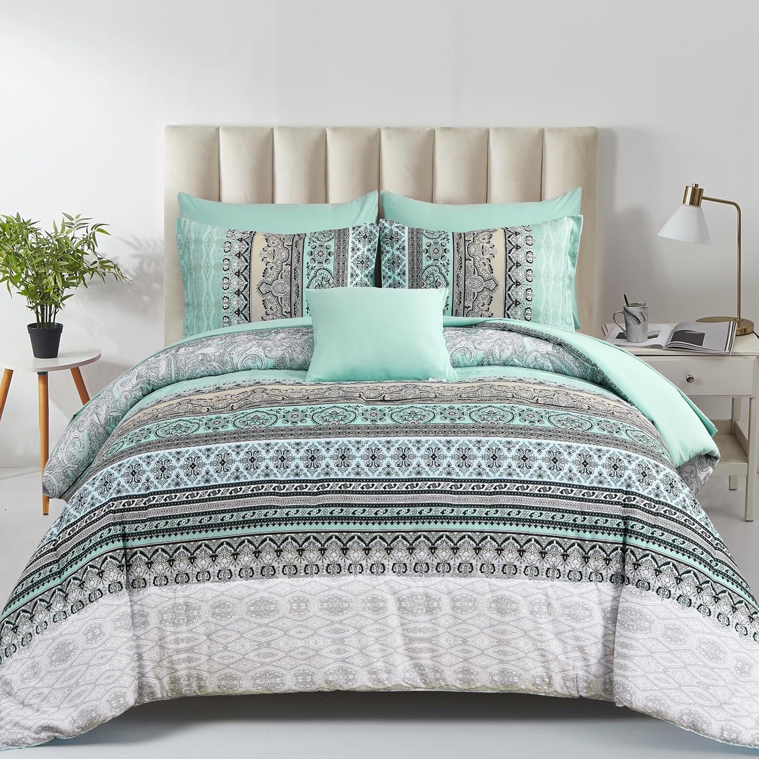 Boho Comforter Set King Size,8 Piece Bed in a Bag Sage Green Paisley Comforter and Sheet Set,Striped Bedding Set Soft Microfiber Complete Bedding Set