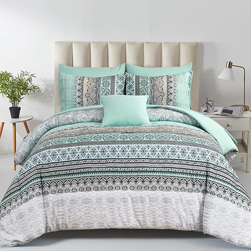 Juego de edredón bohemio de 8 piezas tamaño Queen en una bolsa, juego de edredón de verano de cachemira verde salvia y juego de sábanas de Juego de edredón bohemio de 8 piezas tamaño Queen en una bolsa, juego de edredón de verano de cachemira verde salvia y juego de sábanas de