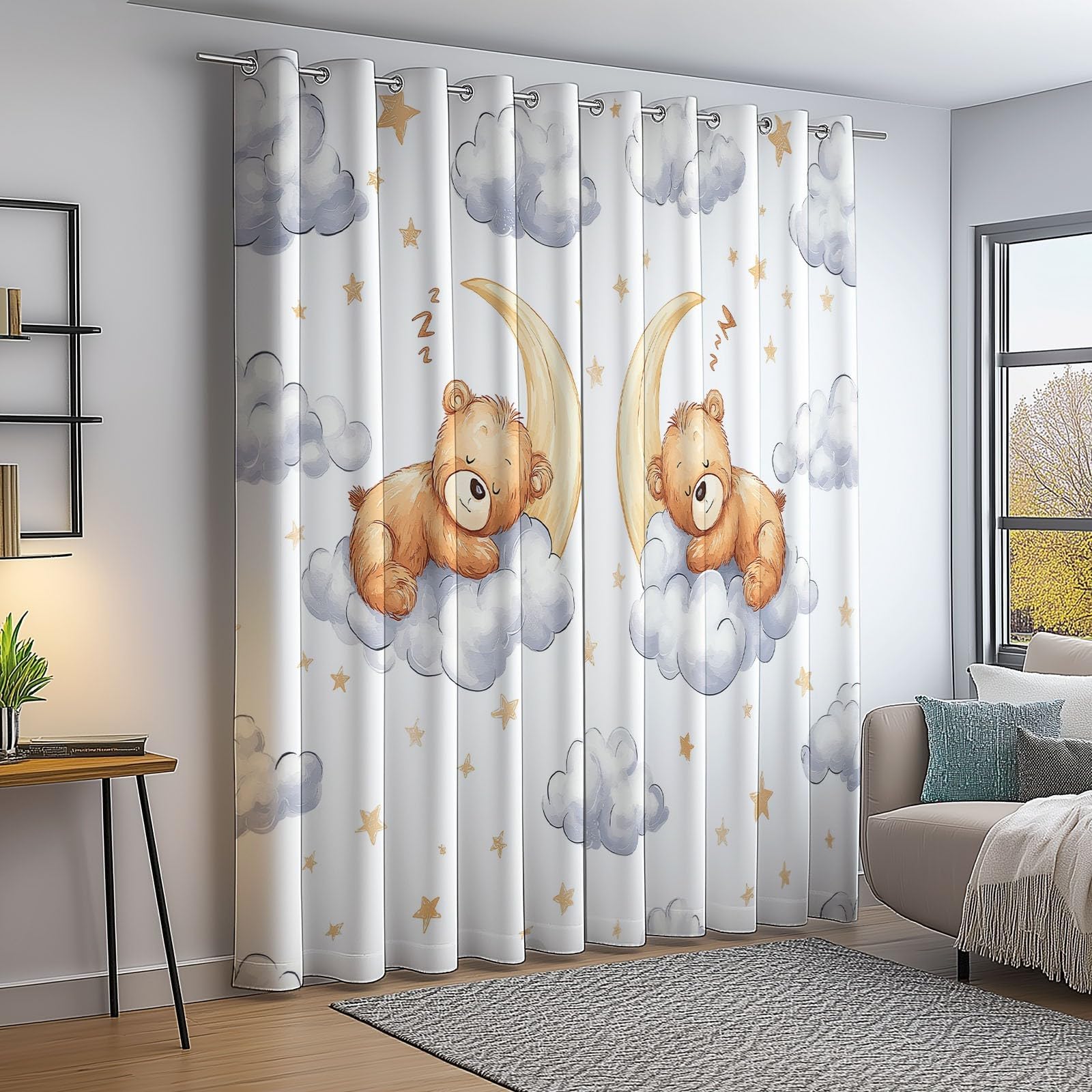 Kinder-Verdunkelungsvorhänge mit Bärenmotiv, 100 x 135 cm (B x H), niedlicher Baby-Teddybär, Mond, Sterne, Wolken, Aquarell-Tiermotiv, 2er Set für Babyzimmer (Mädchen/Jungen)