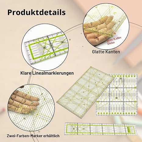 Patchwork Ruler Quilting Ruler 15 x 15 cm/15 x 30 cm/5 x 30 cm Transparent with cm Scale and Angle Functions 30/45/60 Degrees Ideal for Patchwork and Crafts Pack of 3