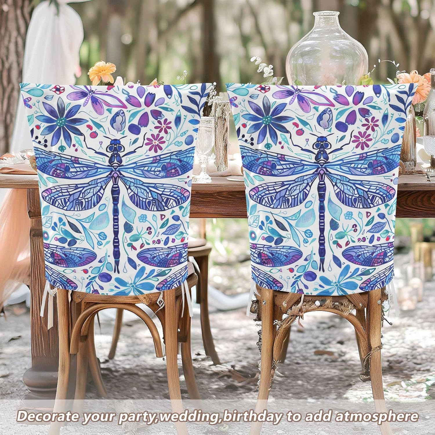 ALAZA Dragonfly Blue Flowers Chair Back Cover Set of 6, Washable Reusable Removable Chair Slipcovers Decorative Chair Cover for Home Kitchen Wedding Party