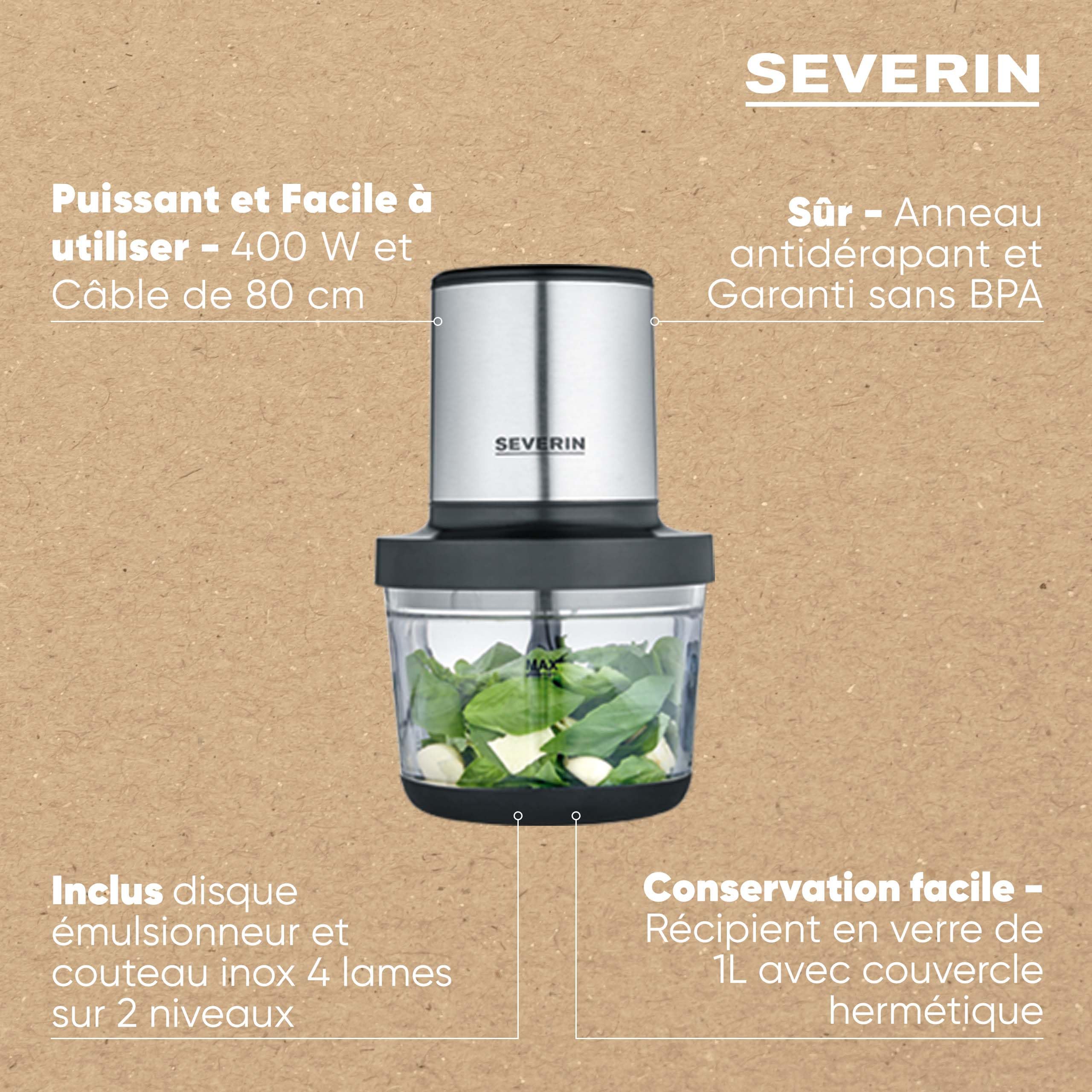 SEVERIN Hachoir électrique 400 W multifonction d'une capacité d'1 Litre, garanti sans BPA, Hachoir à viande, oignons, herbes, fromage, etc., Broyeur universel, noir mat/inox, KM 3867