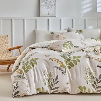 Lekesky Reversible Duvet Cover Queen Size, Green Leaf Pattern, 3-Piece