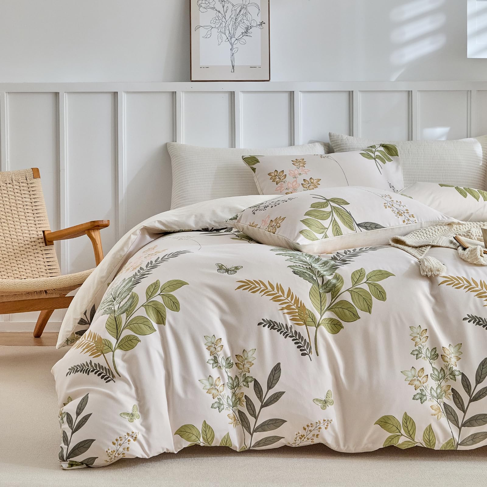 Lekesky Reversible Duvet Cover King Size, Green Leaf Pattern, 3-Piece