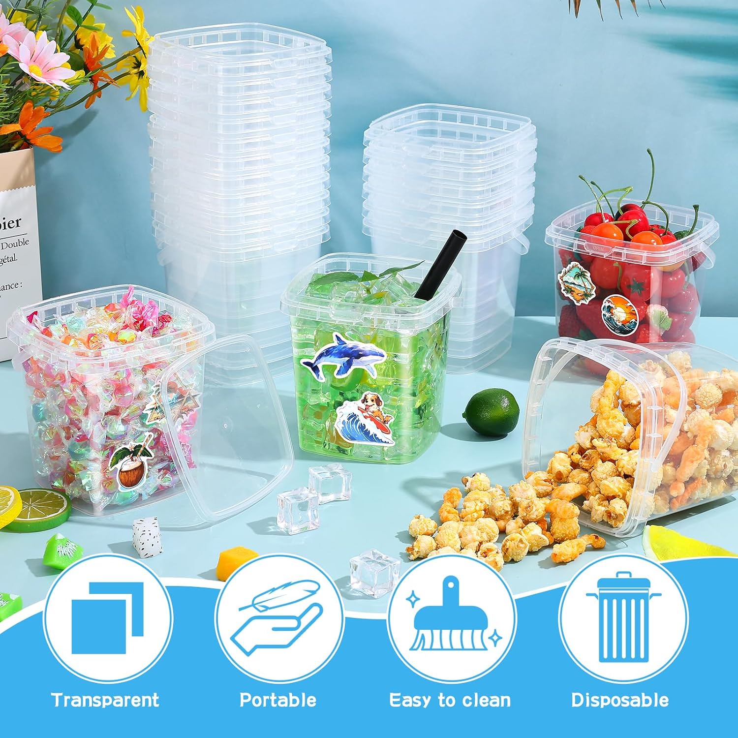 30 Pcs Drink Buckets with Lids and Straws 32 oz Square Rum Plastic Clear Coffee Lemonade Drinking Cocktail Bucket Cups with Lid 50 Summer Stickers for Pool Picnic Party