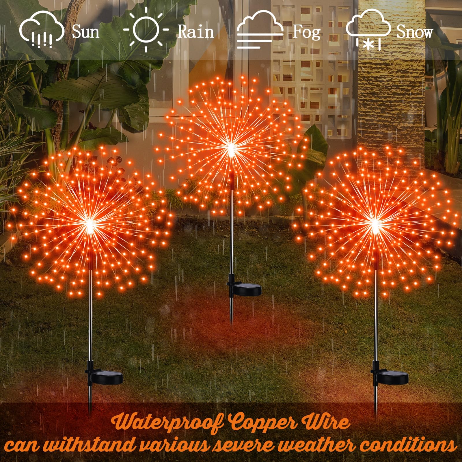 Tujoe Lot de 4 lampes solaires sur piquet 180 LED, 8 modes, étanches, décoration d'extérieur pour allée, jardin, terrasse, allée, cour, pelouse (orange)
