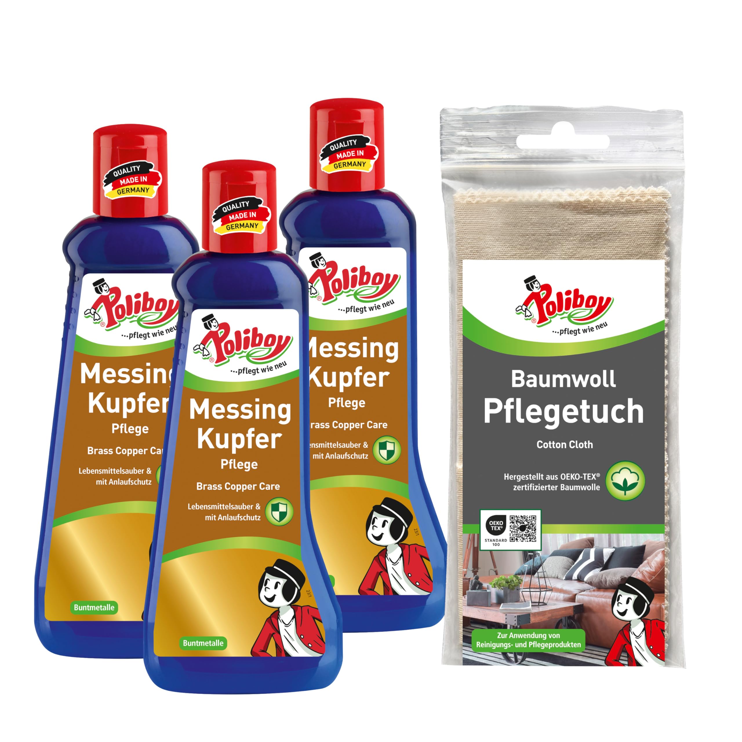 Poliboy Entretien laiton cuivre – Polissage brillant contre le ternissement – Nettoyant laiton avec cire de carnauba – 3 x 200 ml – Avec chiffon en coton – Fabriqué en Allemagne