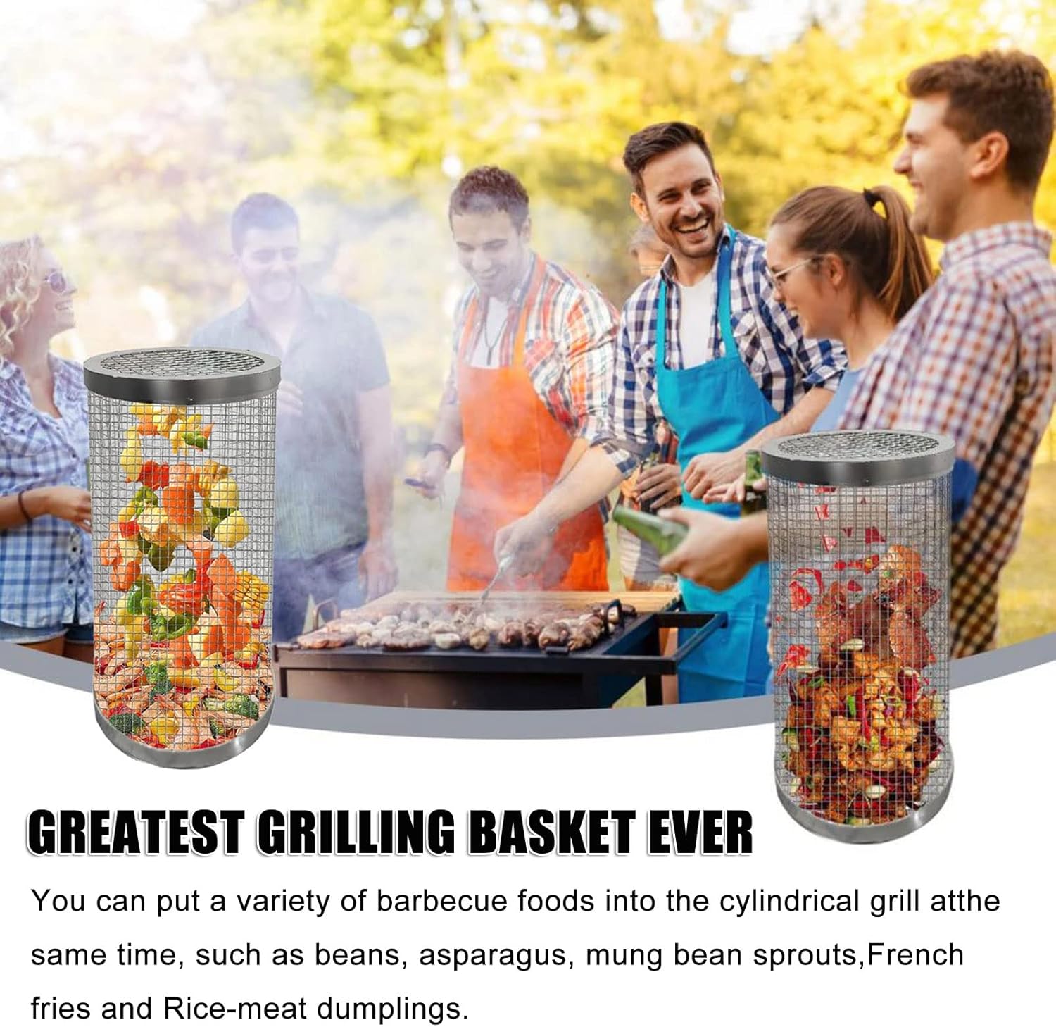 BBQ Grill Basket Round,Stainless Steel Wire Mesh,Rolling Grilling Baskets,Cylinder Grill Basket For Meat,Vegetables, Chops,Outdoor Grill Accessories