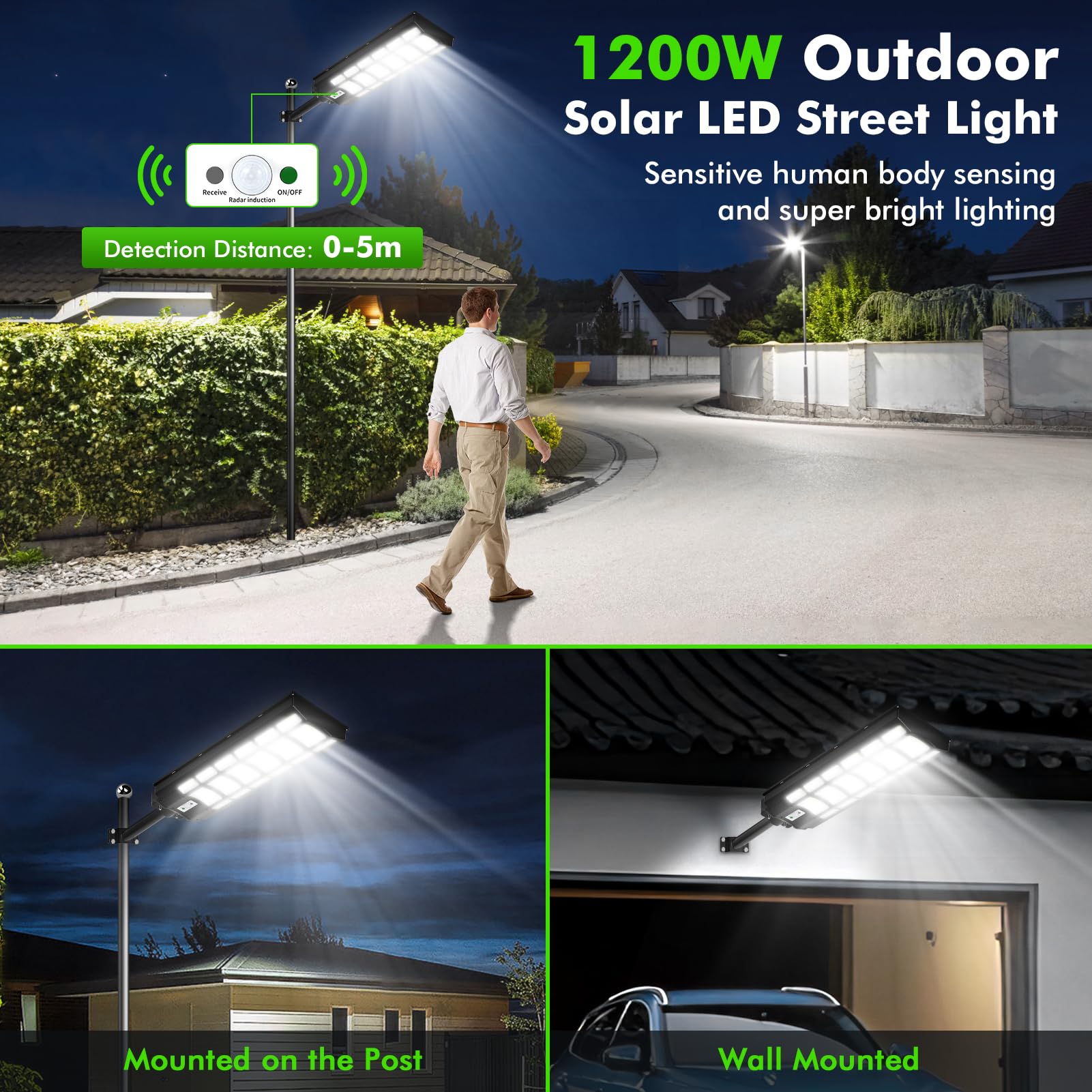 LED Réverbères Solaire Exterieur 1200W 6500K IP67 Etanche avec Télécommande Détecteur de Mouvement