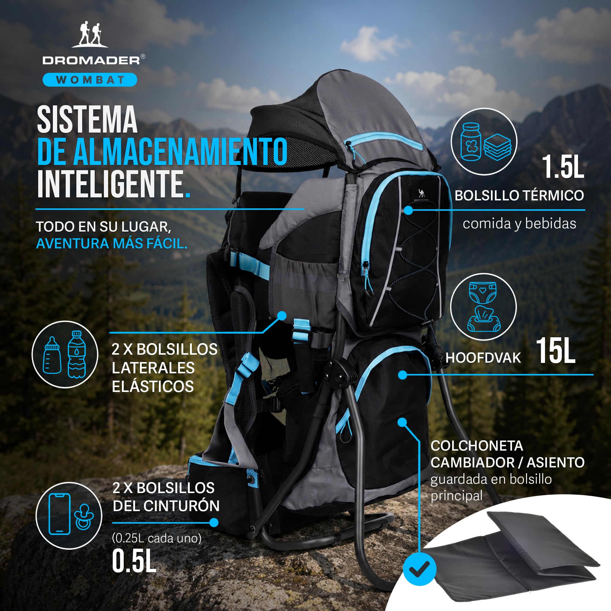 DROMADER Mochila Portabebe Montaña - Portabebes Senderismo hasta 22kg con Protector Solar, Protector de Lluvia, Bolsillo Térmico y Cambiador - Estructura Plegable con Una Mano - Negro y Azul
