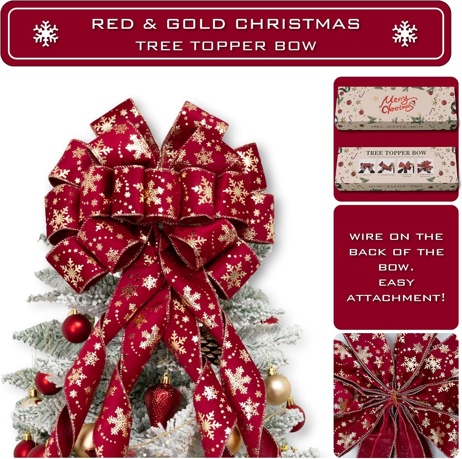 Christmas Tree Topper Bow, 53x13 Inches Large Christmas Velvet Topper Bow with Gold Snowflakes, Decorative Ribbon Bows for Xmas Tree Wreath Door Festival Home Decor(Red & Gold Snowflake) - Image 2
