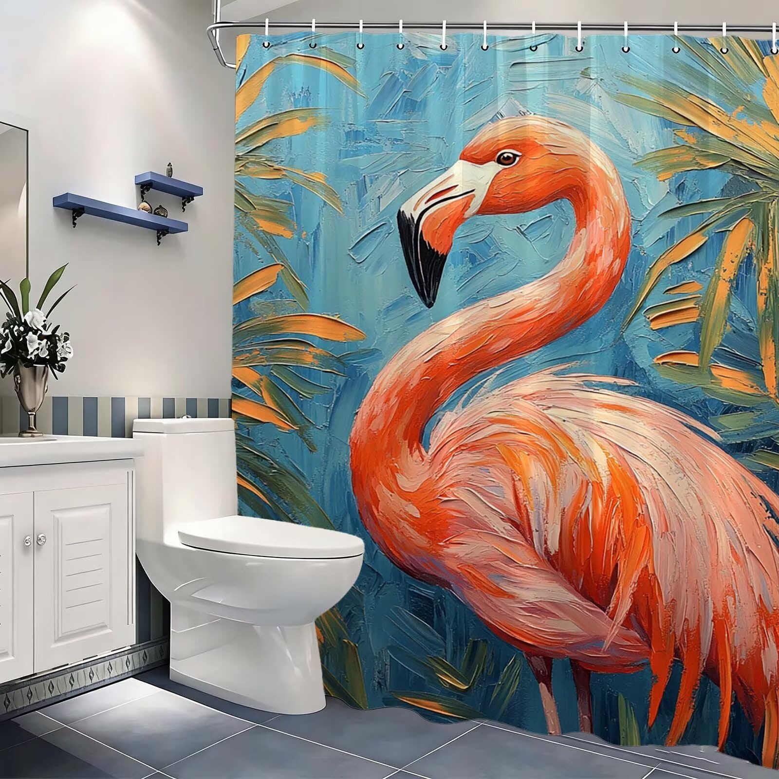 Rideau de Douche 240 x 180 cm, Rideaux de Douche Tropical Lavable avec 12 Crochets, Imperméable Rideaux Flamants roses, Facile à Nettoyer, Séchage Rapide Rideau, pour Décoration Baignoire D-9469