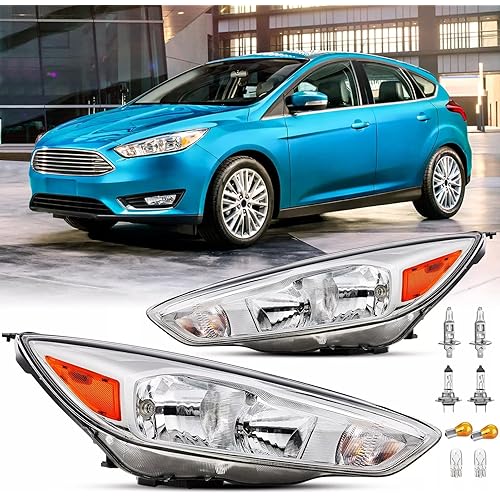 Halogen OE Style Headlight Assembly For 2015 2016 2017 2018 Ford Focus S SE ST SEL Titanium Replacement Focus Mark 3 Facelift Halogen Headlamps With Aluminum Bezel Amber Reflector Without LED DRL