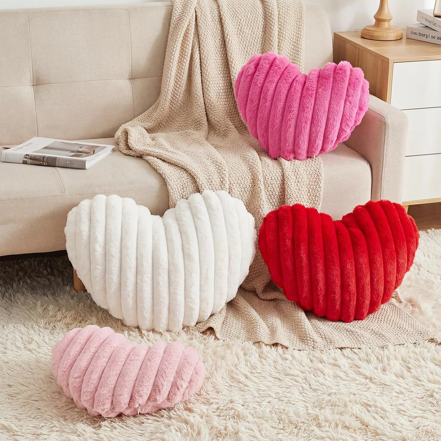 4 Pcs Heart Shaped Throw Pillows Set, 17/15/13 Inch Large Faux Fur Striped Cushions Pink Red White Heart Pillows for Couch, Bedroom, Living Room Wedding Decor