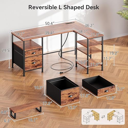 Miniatura 3 de Furologee - Escritorio para computadora en forma de L con toma de corriente, escritorio reversible para oficina en casa para trabajo y estudio, mesa