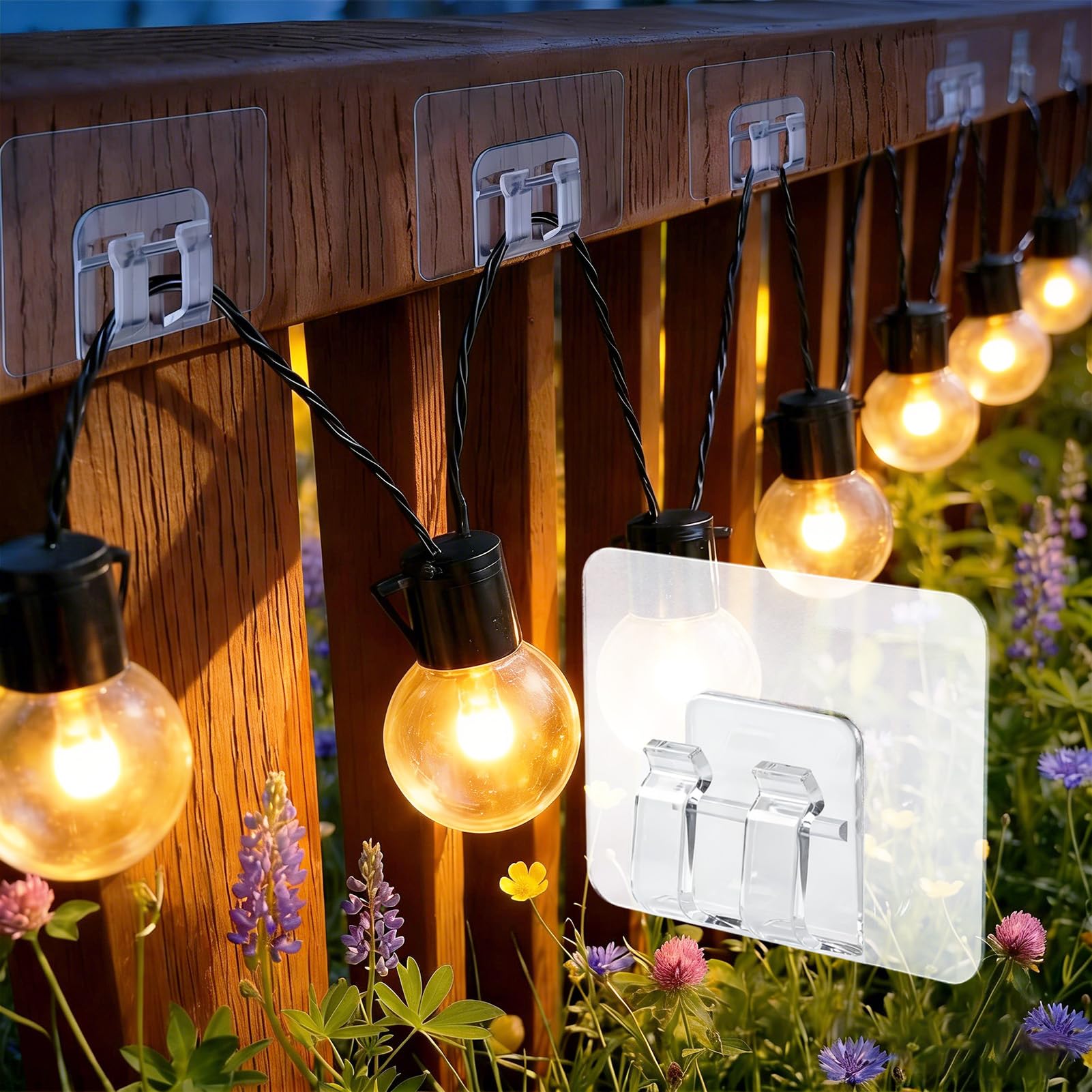 Tacitmeet 120 Pack Outdoor Light Hooks with Waterproof Adhesive Strips, UV-Resistant No-Drill Clear Sticky Hooks for Hanging & Stick On Hooks, Damage-Free for Christmas, Patio, Garden & Balcony
